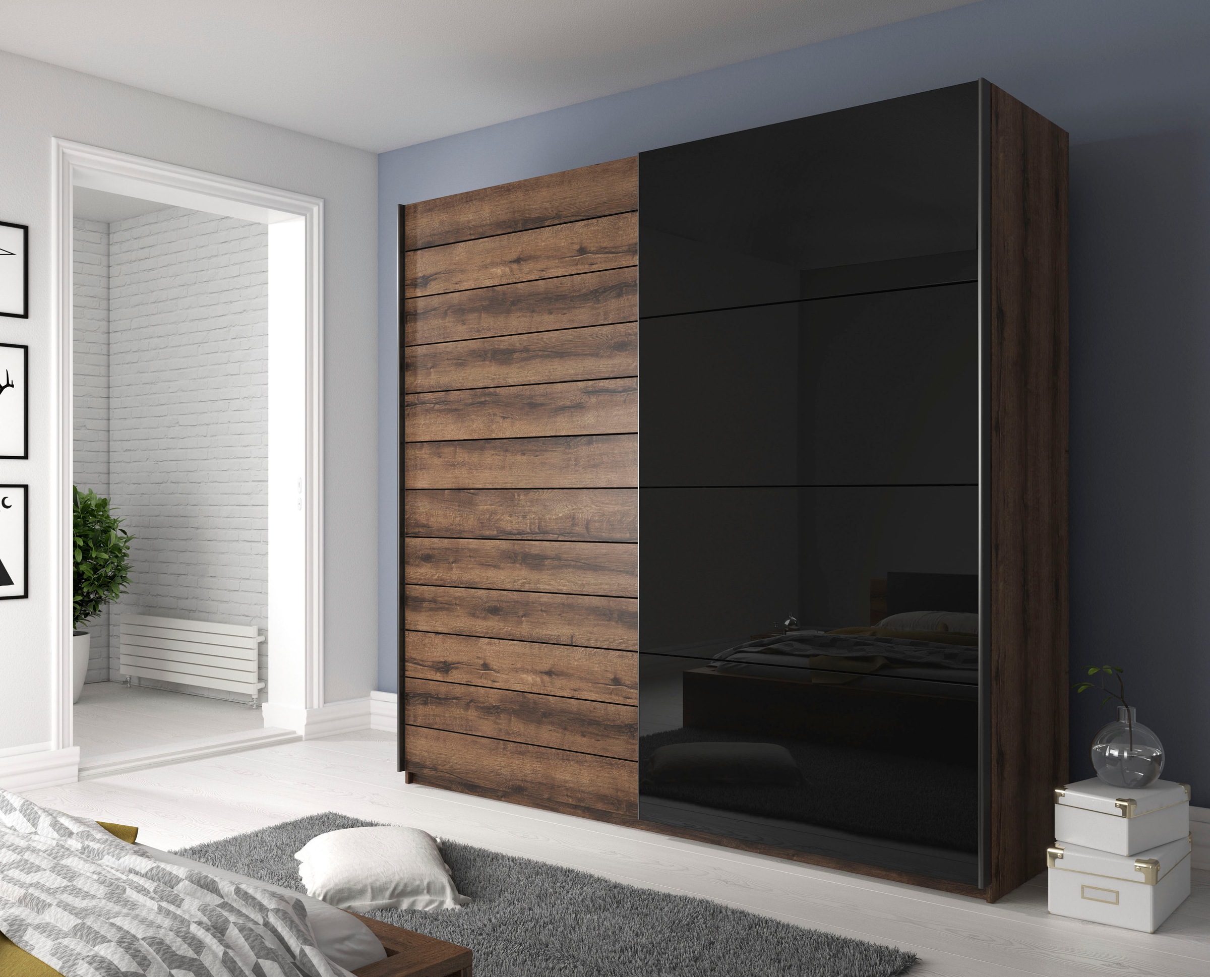 Home affaire Schwebetürenschrank "Galaxy Kleiderschrank, Wäscheschrank 200, 220 oder 270cm breit" INKLUSIVE kompletter Innenausstattung, Metallgriffe und Glasfront