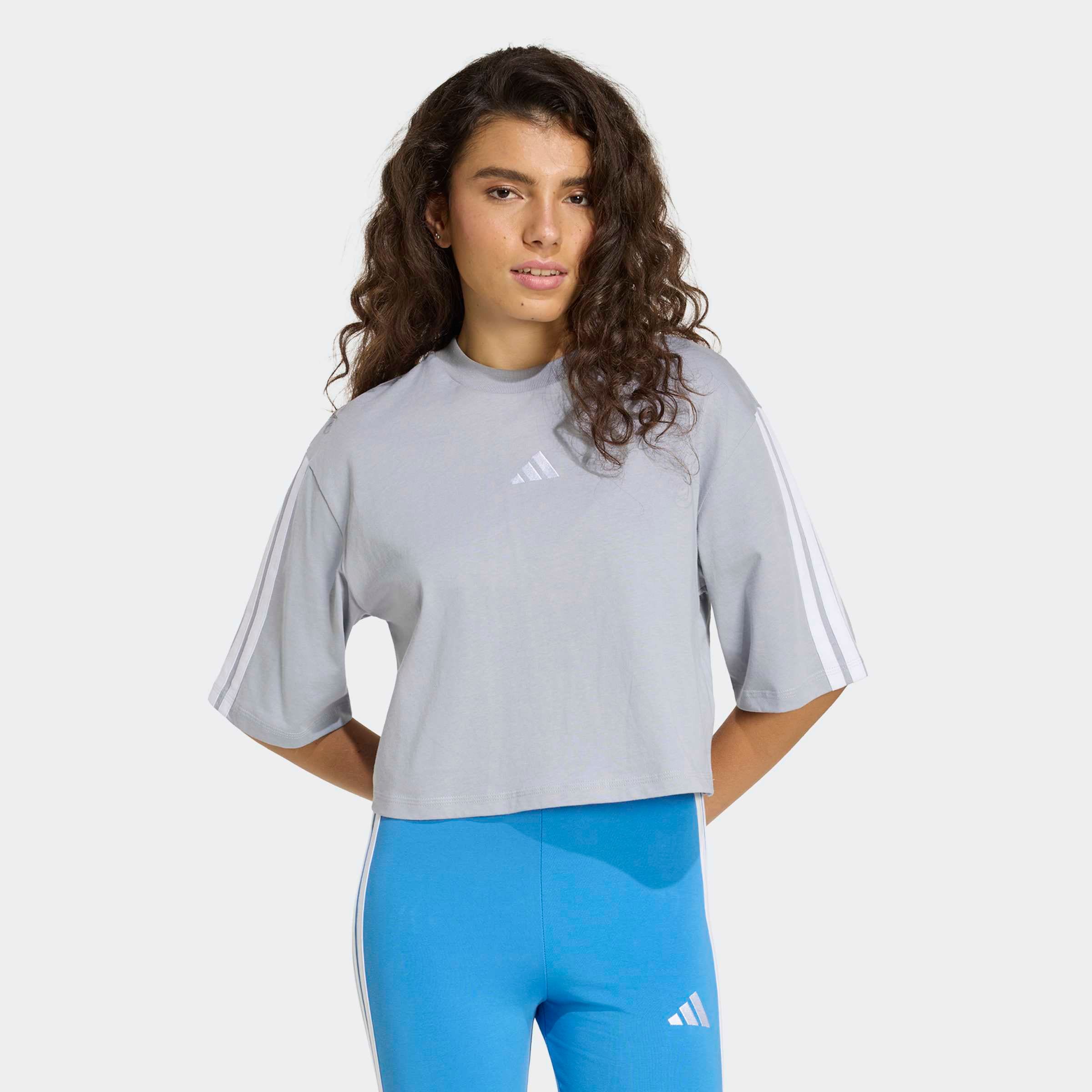 adidas Sportswear T-Shirt "ESSENTIALS 3-STREIFEN COTTON LOOSE" mit Rundhalsausschnitt, bauchfreie Schnittform, ohne Verschluss
