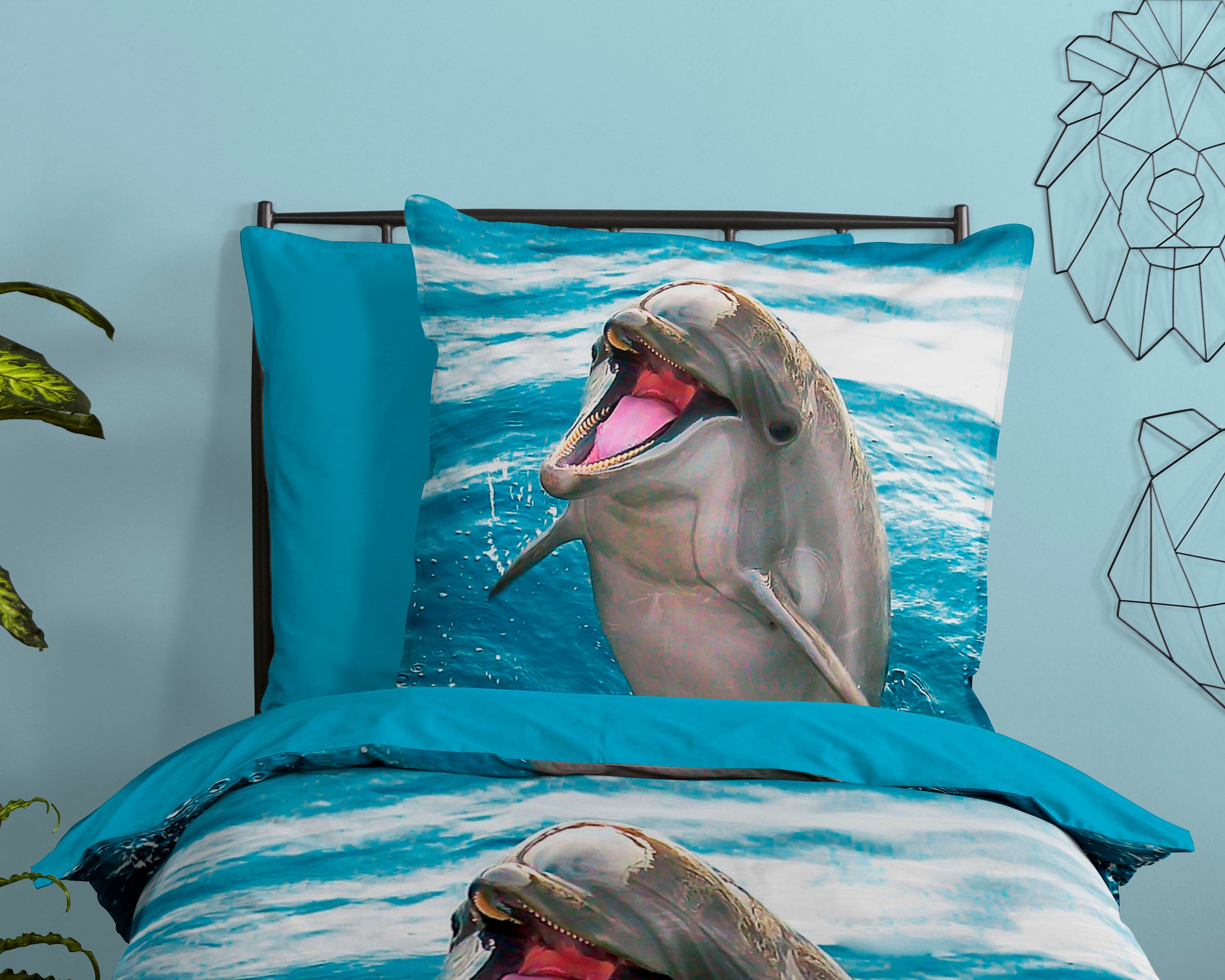 good morning Kinderbettwäsche »Jump«, 100% Baumwolle, 135x200, Reissverschluss, Wendeoptik, Kind, Delfin Blau