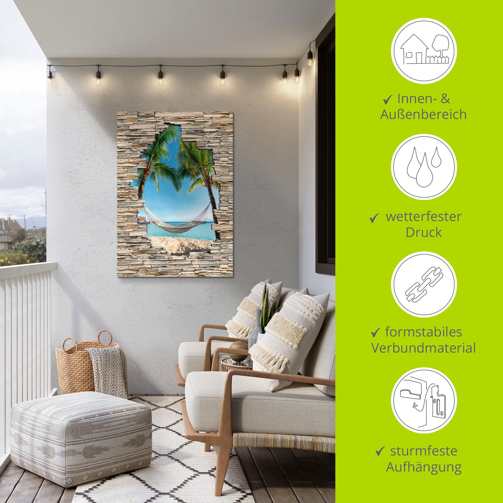 Artland Wandbild »Palmenstrand Karibik Hängematte Stein«, Karibikbilder, (1 St.), als Alubild, Outdoorbild, Poster in verschied. Grössen
