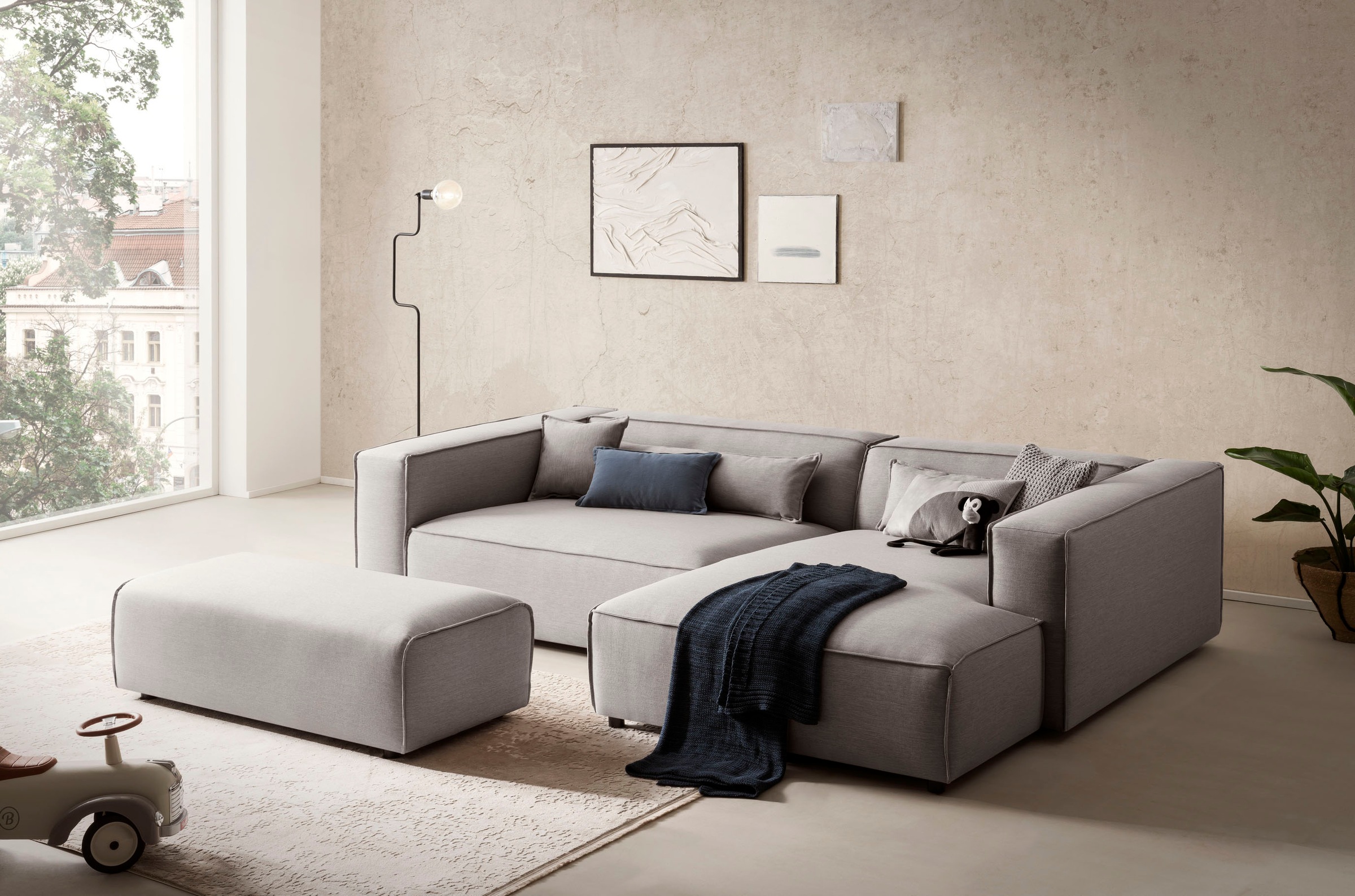 LeGer Home by Lena Gercke Hocker »PIARA, Polsterhocker mit Kedernaht in Cord oder Leinenoptik«, zur Serie PIARA, rechteckig, schwarze Füsse, bequemer Sitzkomfort