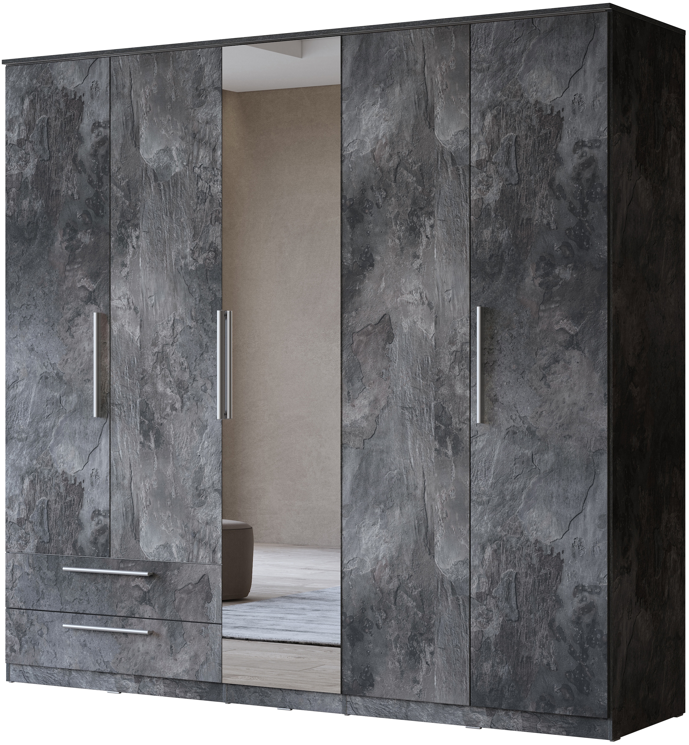 Home affaire Kleiderschrank »India, FSC-zertifizierter Holzwerkstoff, Made in Europe«, (in Schieferoptik oder weiss mit Hochglanzfront), mit Beleuchtung und Fernbedienung, 181 oder 225x215x60cm