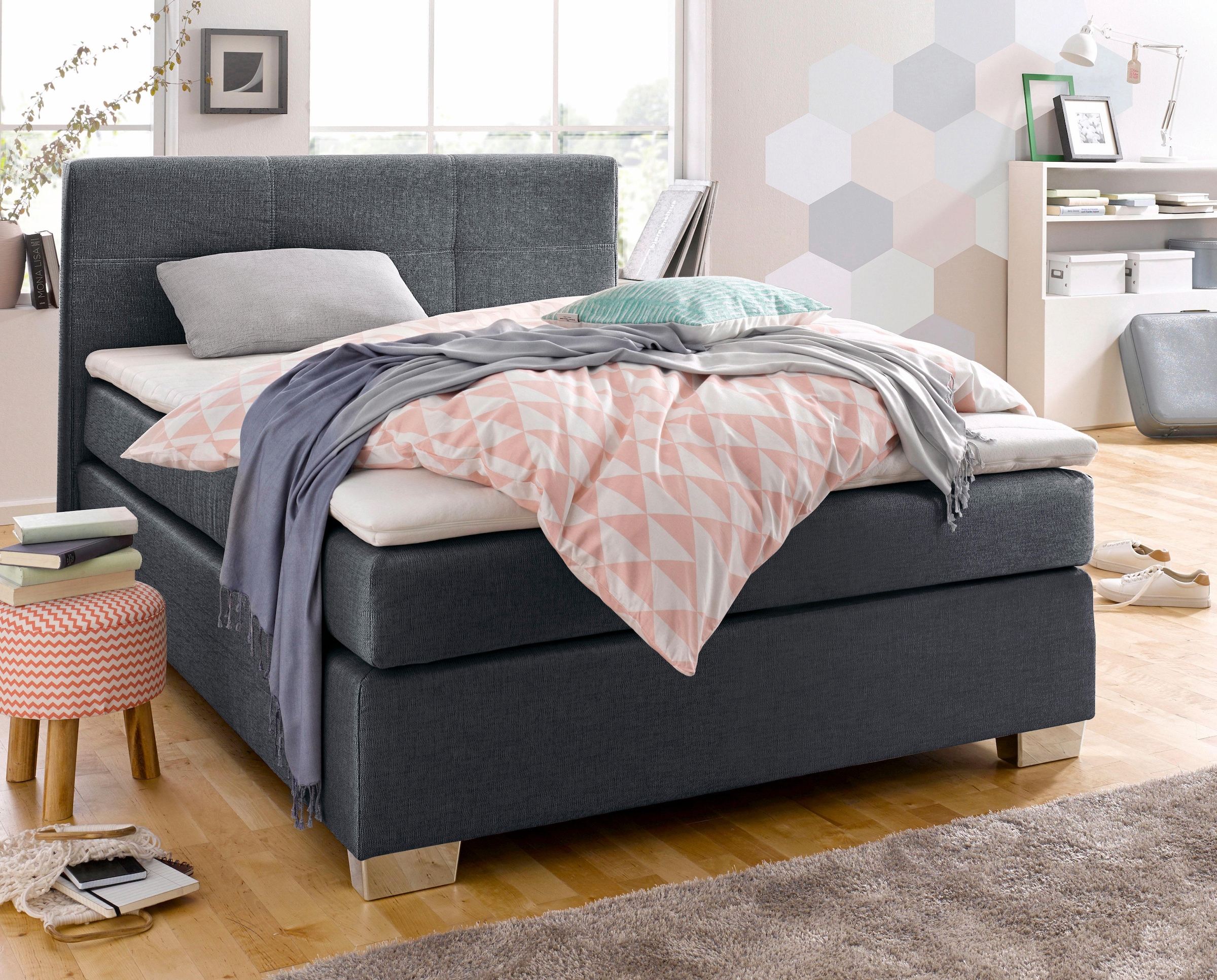 Jockenhöfer Gruppe Boxspringbett "EVITA inkl. Bonnell-Federkernmatratze H2" Inkl. Topper & Kissen, Kunstleder/Strukturstoff, 140/180 cm x 200 cm