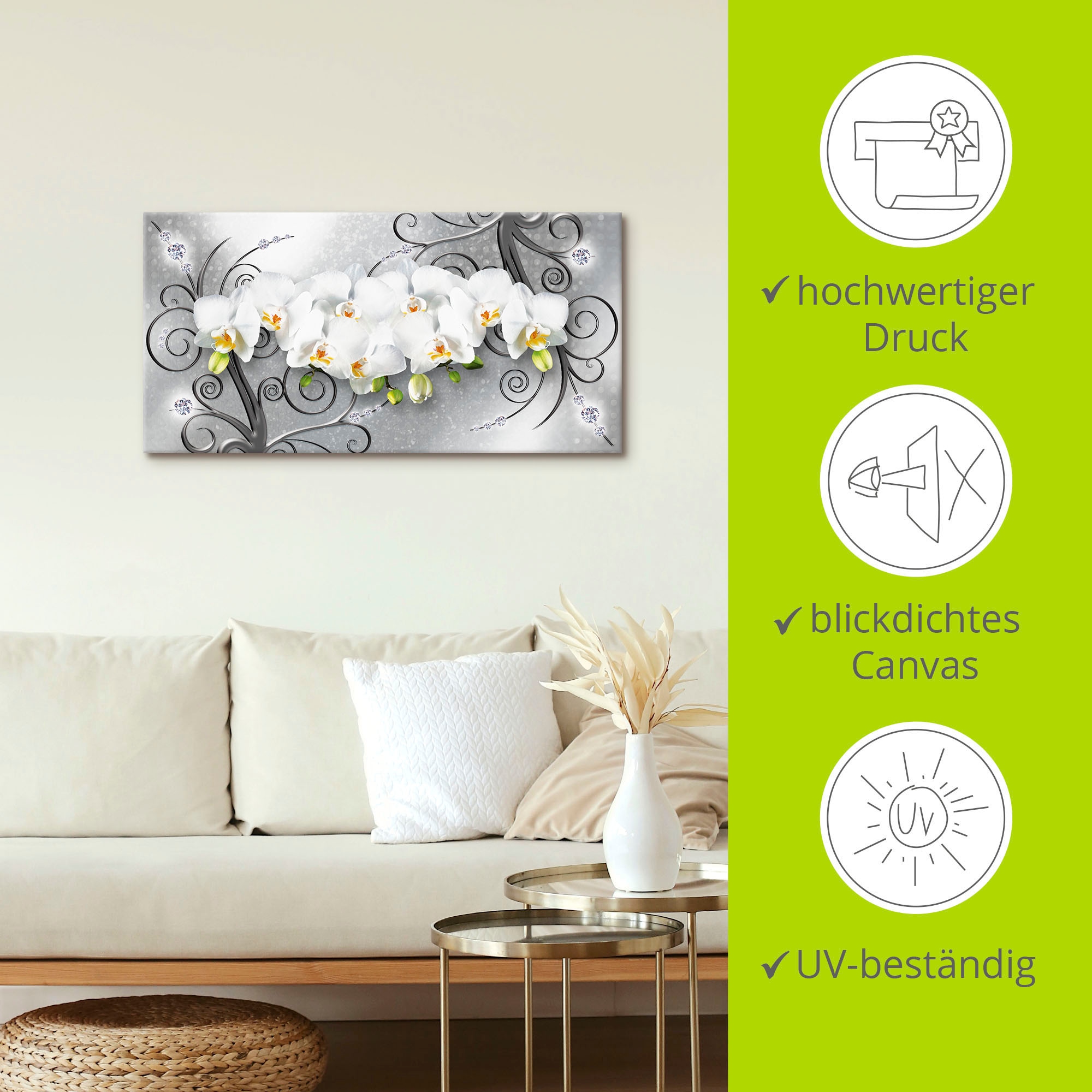 Artland Wandbild »weisse Orchideen auf Ornamenten«, Blumenbilder, (1 St.), als Alubild, Outdoorbild, Leinwandbild, Poster, Wandaufkleber