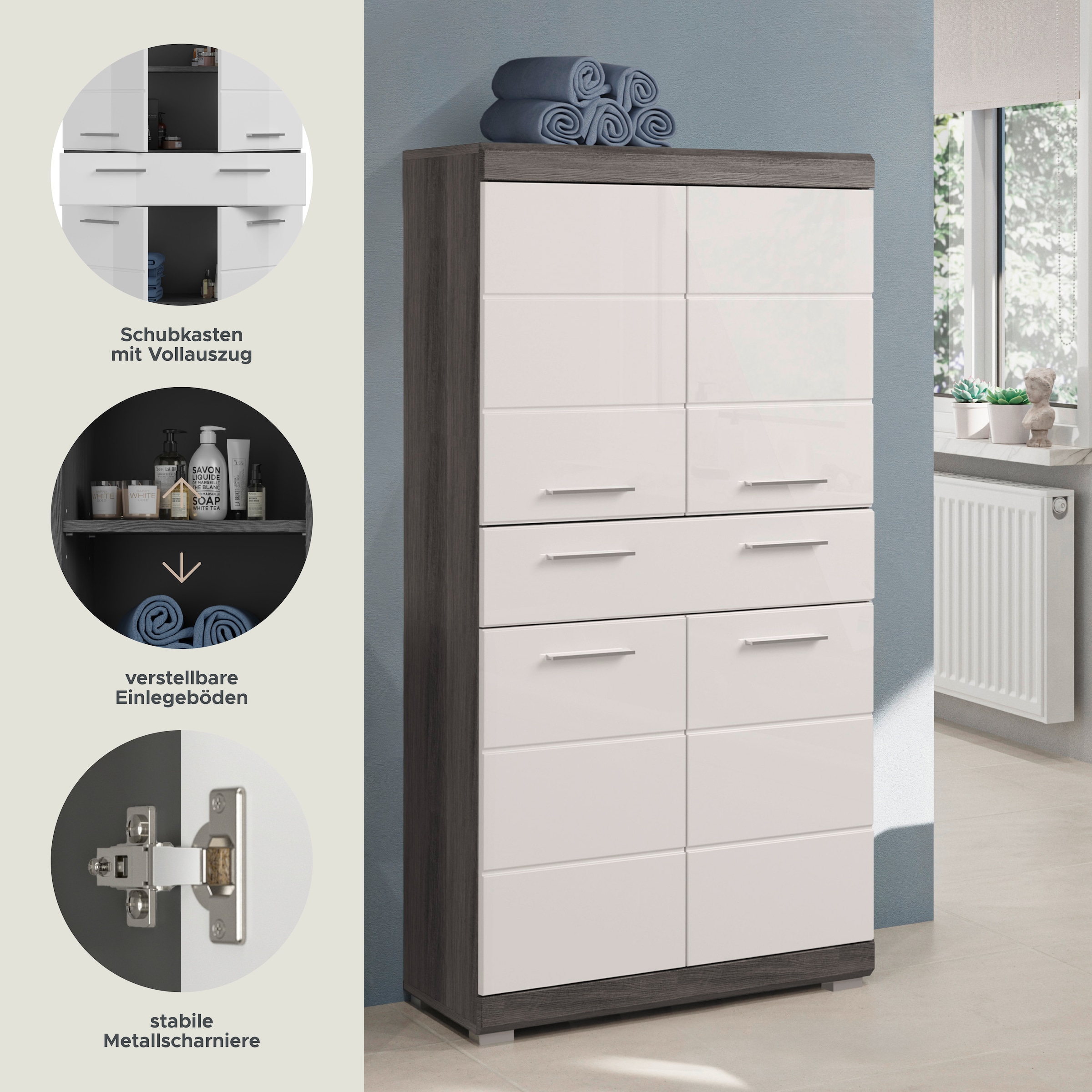 INOSIGN Midischrank »Siena, Breite 74cm, 4 Türen, 1 Schubkasten, 4 Fächer, MDF-Front«, in verschiedenen Farben erhältlich, Badmöbel, Badschrank, Schrank, Bad
