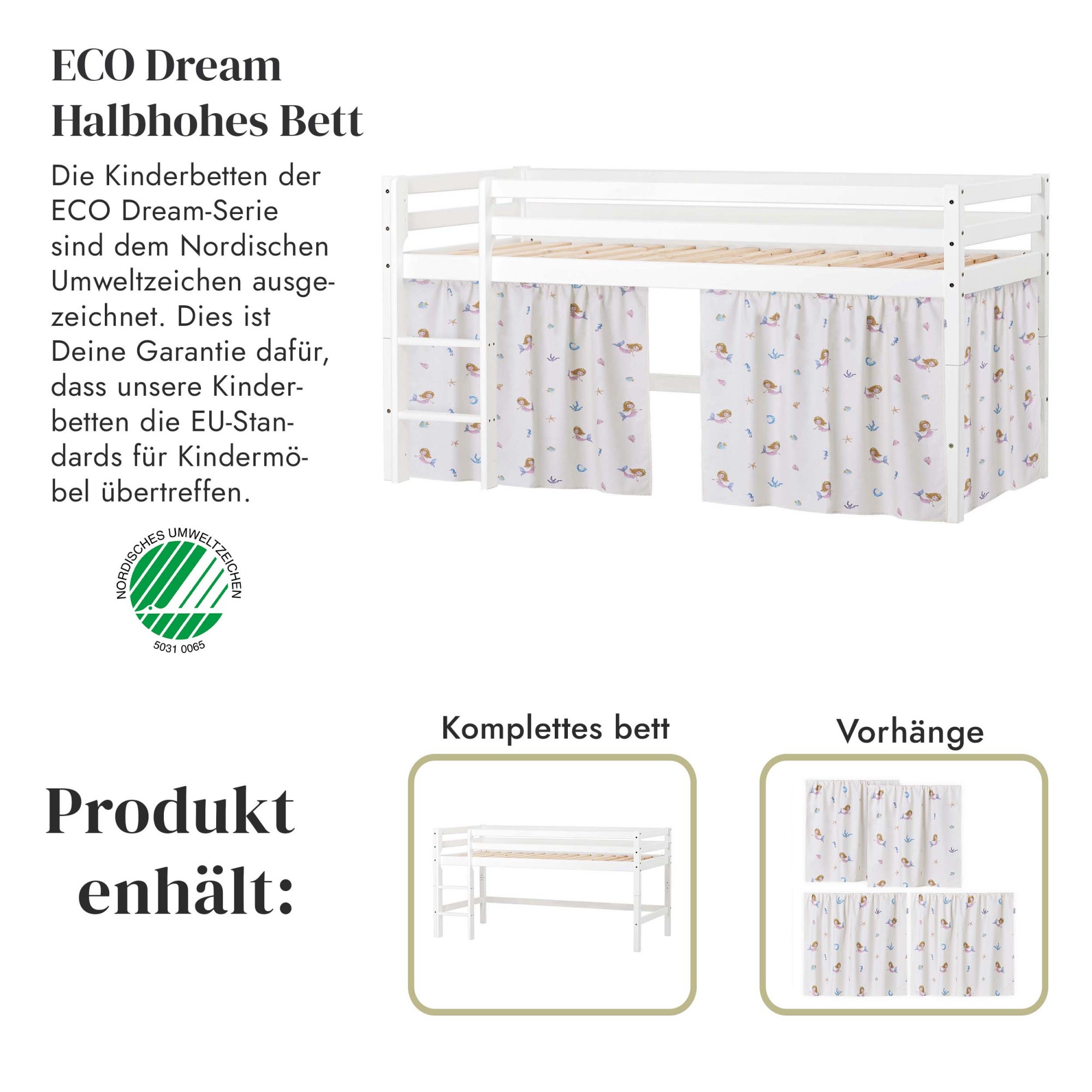 Hoppekids Spielbett »ECO Dream«, Massivholzbett mit Meerjungfrau-Vorhang, Matratze & 2 Grössen wählbar