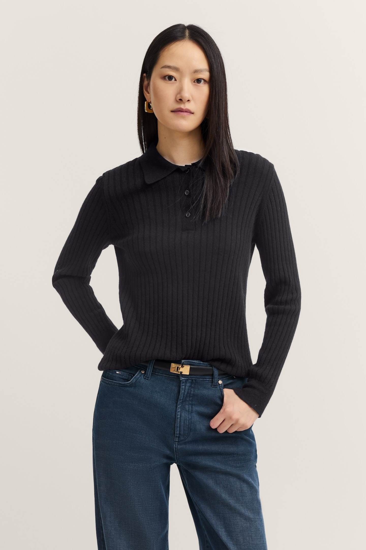 bugatti Polokragenpullover "Kaschmir-Mix" aus Rippstrick mit Knopfleiste