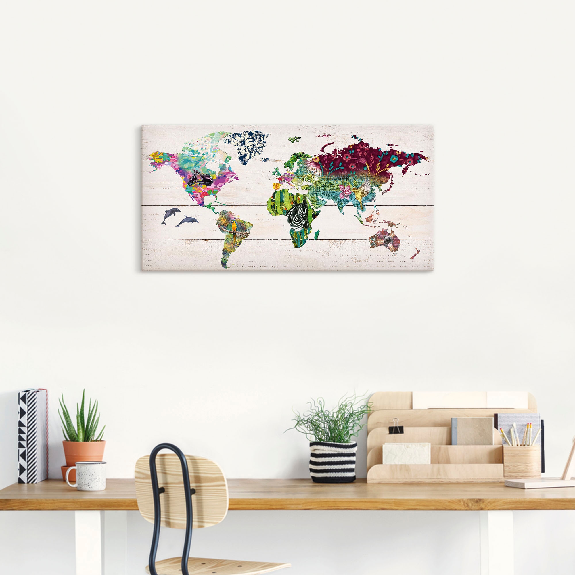 Artland Wandbild »Bunte Welt auf hölzernem Untergrund«, Landkarten, (1 St.), als Leinwandbild, Poster in verschied. Grössen