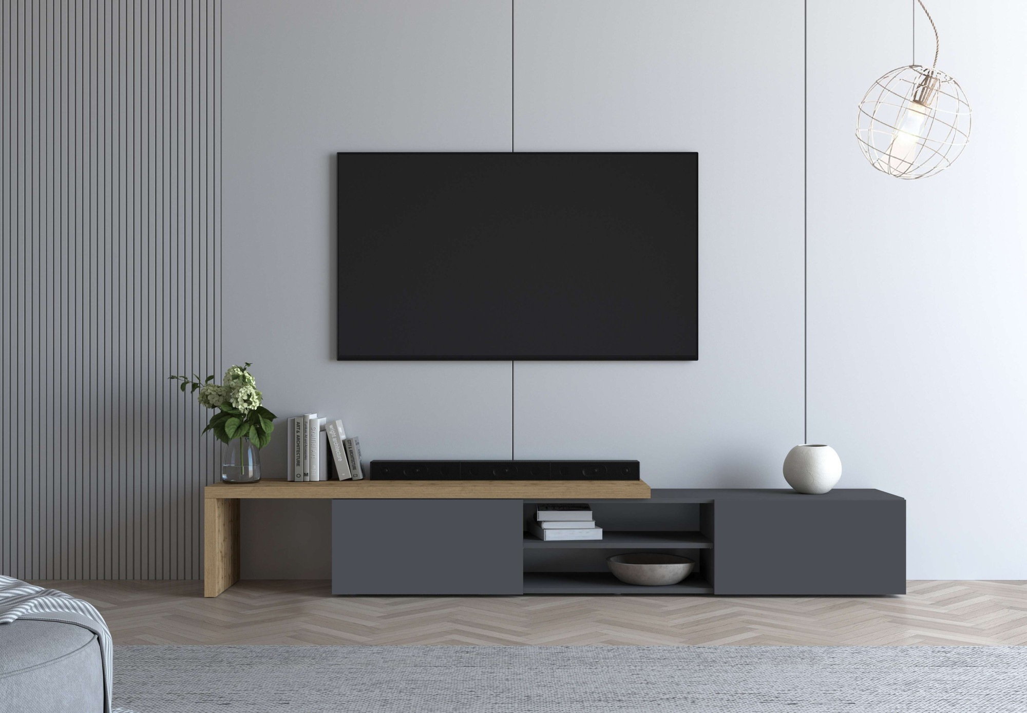 OTTO home Lowboard "New Garda,Lowboard mit Aufsatz,TV-Board mit Ausatz,TV-Schrank-Tv Bank" 1 Stk. tlg. Breite verstellbar v. 183 bis 310 cm,2 Klappen und L-Förmiger Aufsatz