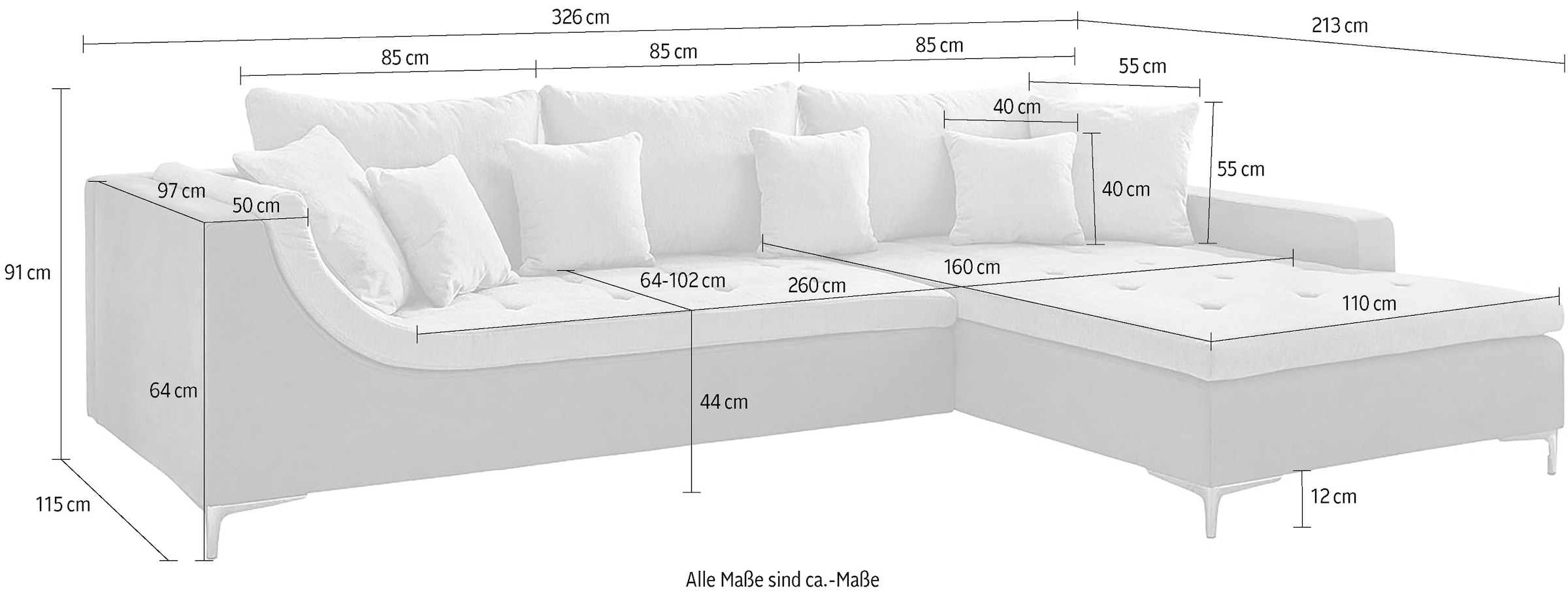 Jockenhöfer Gruppe Ecksofa »Monte Carlo L-Form mit komfortabler Wellenfederung«, Ottomane rechts oder links montierbar, inkl. 9 Kissen