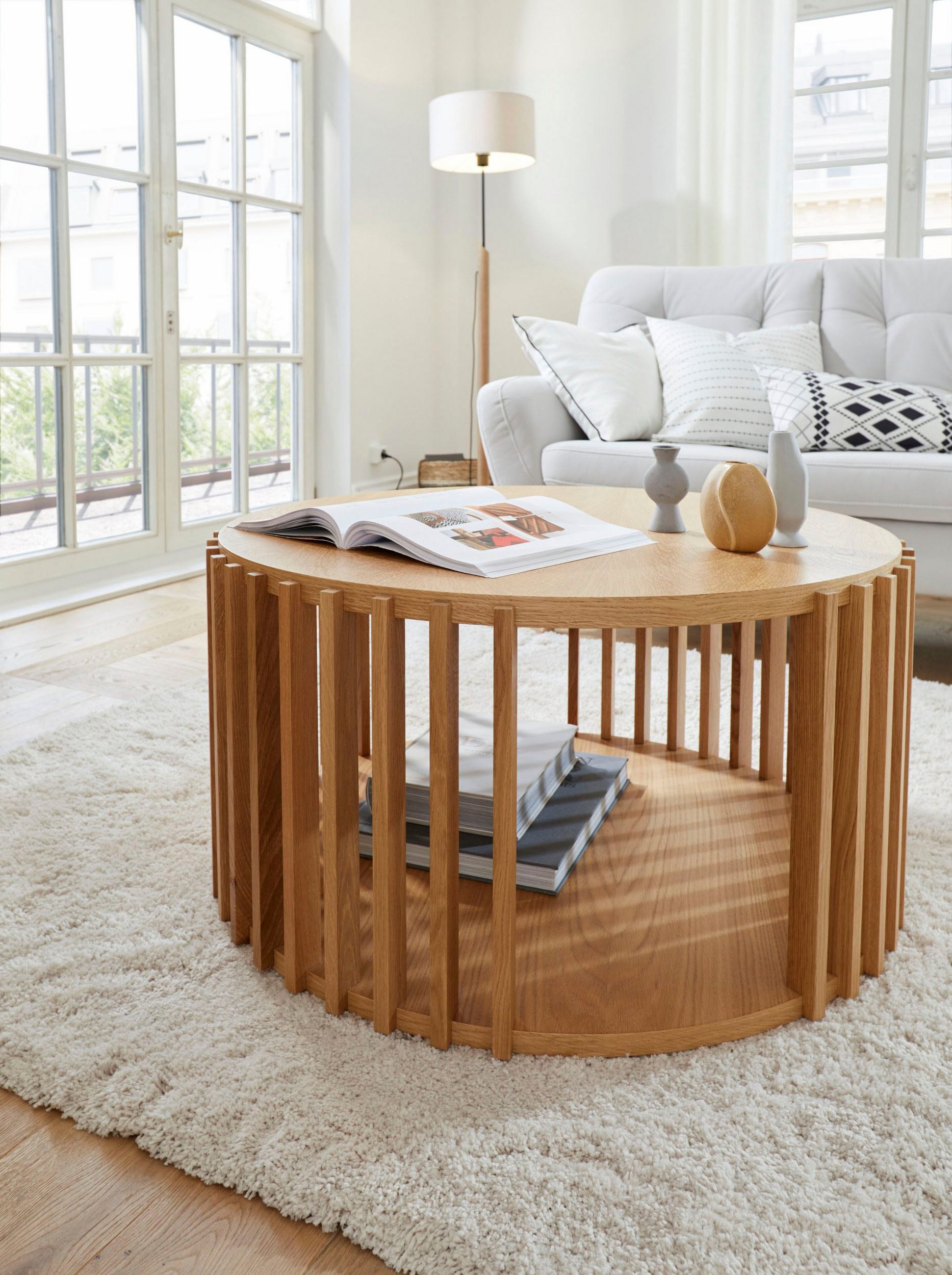 Woodman Couchtisch »Drum, Breite/Tiefe/Höhe: 83/83/42 cm«, Holzfurnier aus Eiche, Sprossen aus massiver Eiche