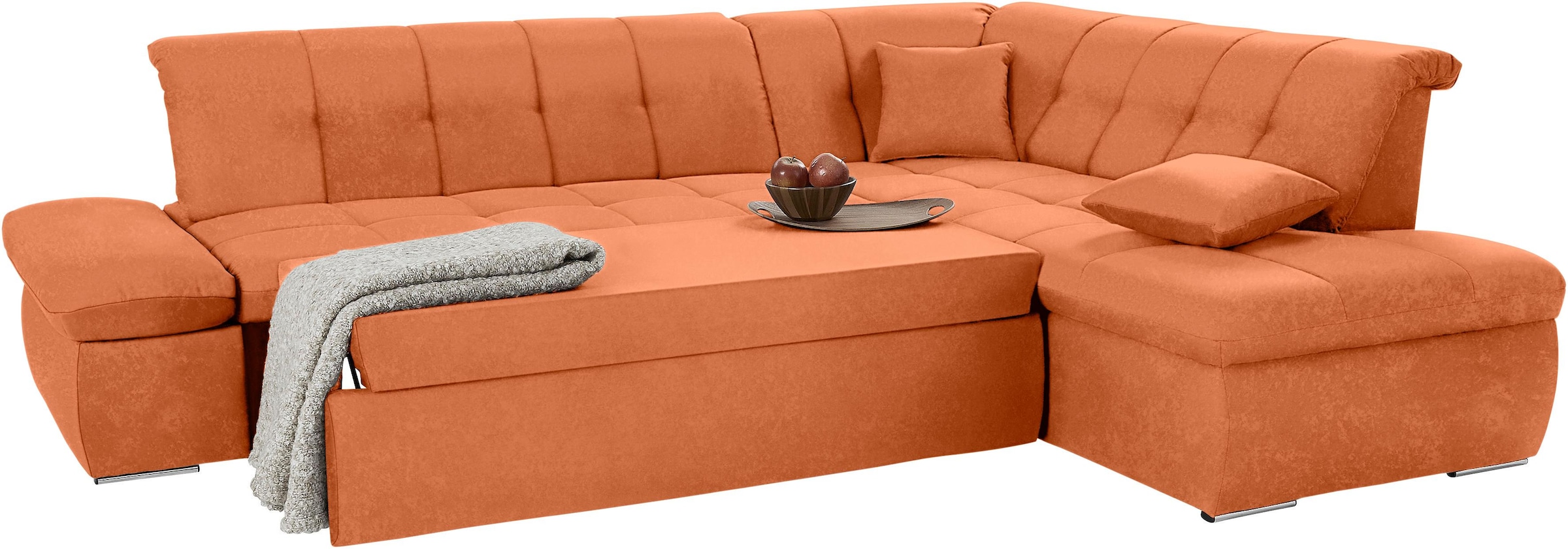 DOMO collection Ecksofa »NMoric incl. Zierkissen B/T/H: 273/216/80 cm L-Form«, Ottomanen-Abschluss, wahlweise mit Bettfunktion und Armlehnverstellung