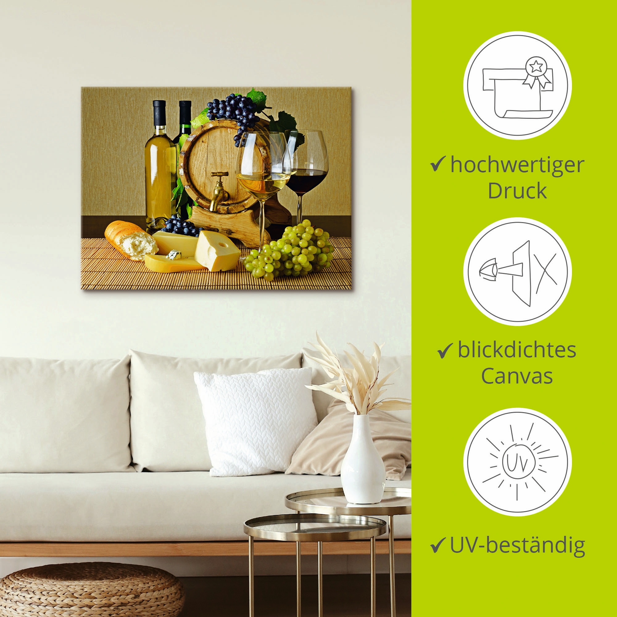 Artland Wandbild »Käse, Wein und Trauben«, Lebensmittel, (1 St.), als Alubild, Leinwandbild, Wandaufkleber oder Poster in versch. Grössen