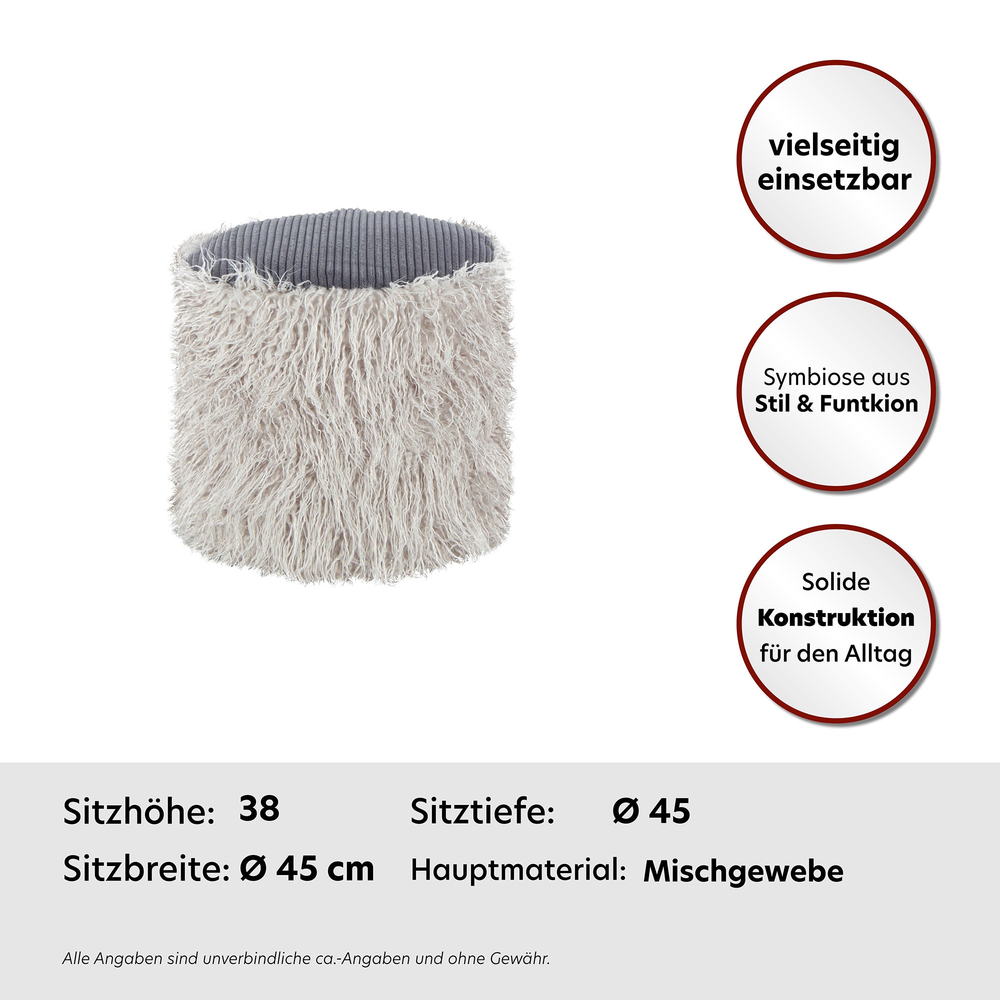 Kayoom Pouf »Fellpouf Bobtail 125, Fellhocker in zweifarbigem Design«, (1 St.), modern, dekorativ, kindersicherer Reissverschluss an der Unterseite