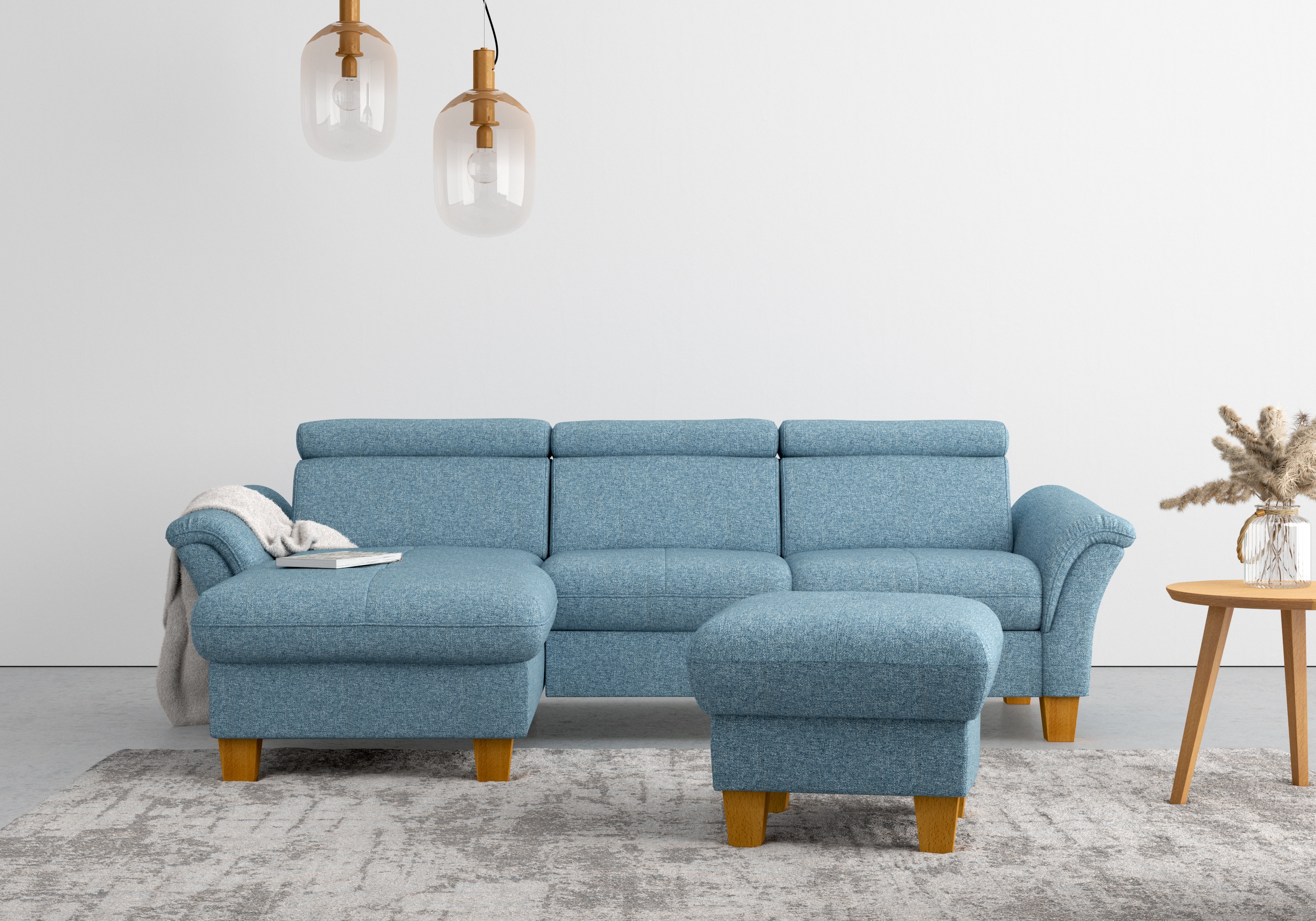 GOODproduct Ecksofa "Lindgren L-Form" wahlweise mit Bett mit klappbaren Rollen, Kasten und Kopfverstellung