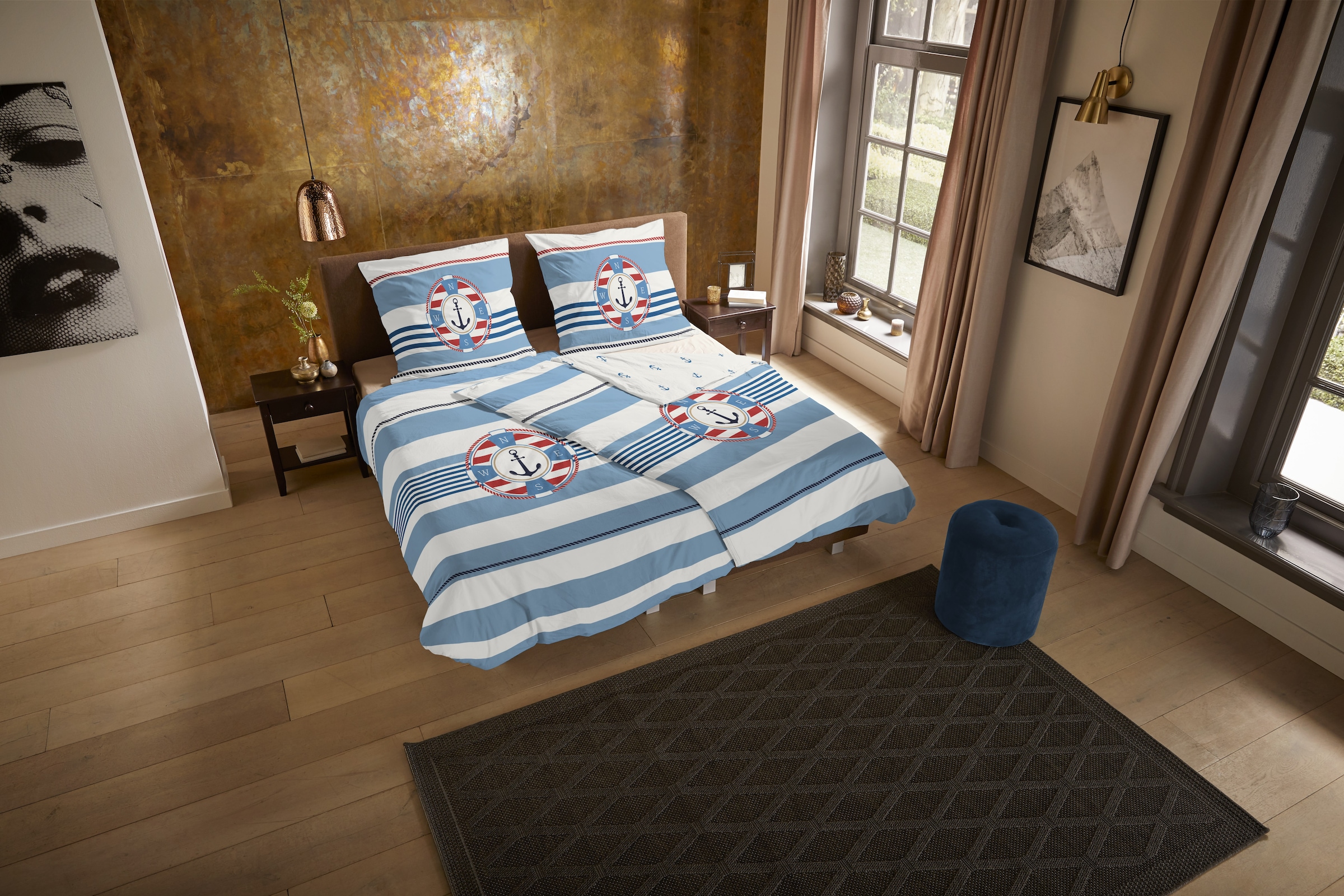 PURE luxury collection Wendebettwäsche »Selin«, Mikrofaser, Pflegeleicht, Reissverschluss, Wendeoptik, Maritim, Anker