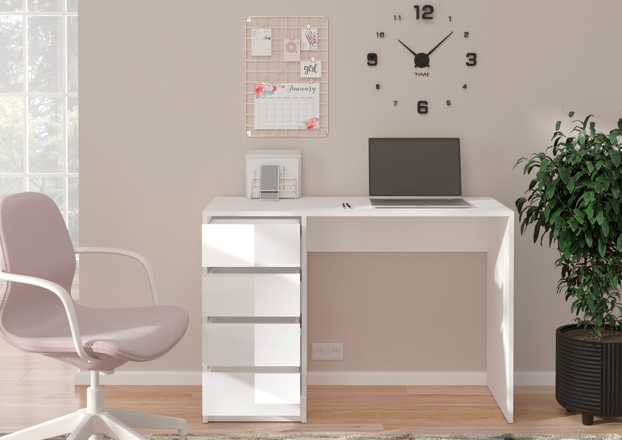 INOSIGN Schreibtisch »Pisa, Breite 110 cm, 4 Schubkästen, hochglanz Schubkastenfront«, grifflose Optik, individuell einsetzbar, Schminktisch, Homeoffice