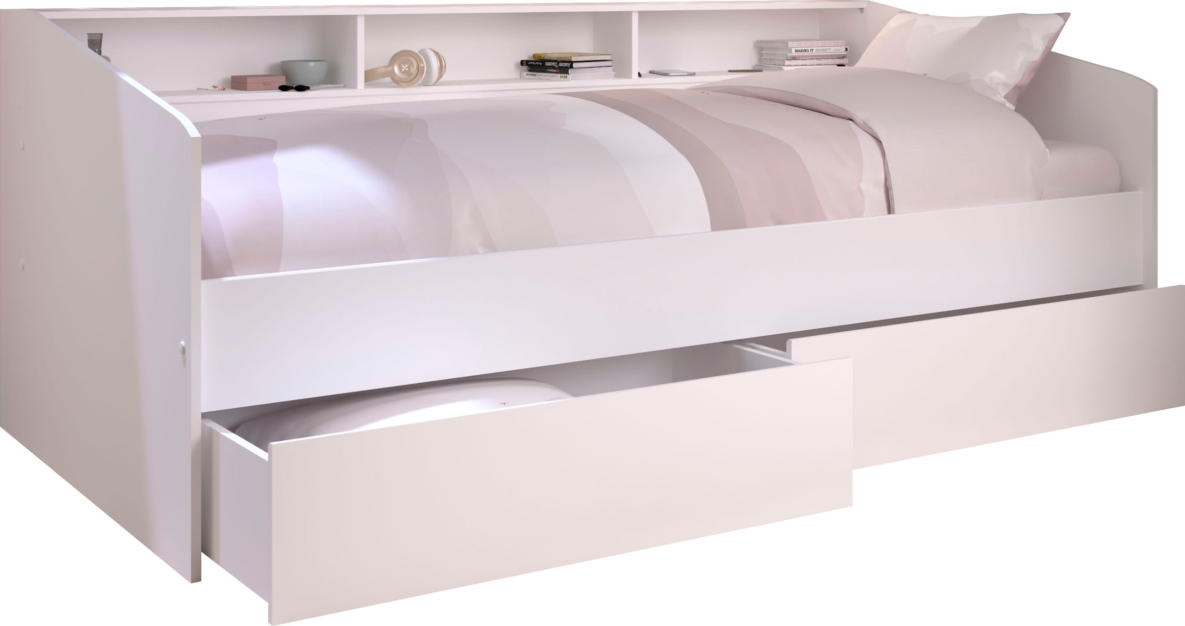 Parisot Stauraumbett »Sleep, Daybed, Kinderbett, Rückwand der Regale drehbar (farbig + weiss)«, inklusive, Regale, Schubkästen, viel Stauraum, TOPSELLLER!