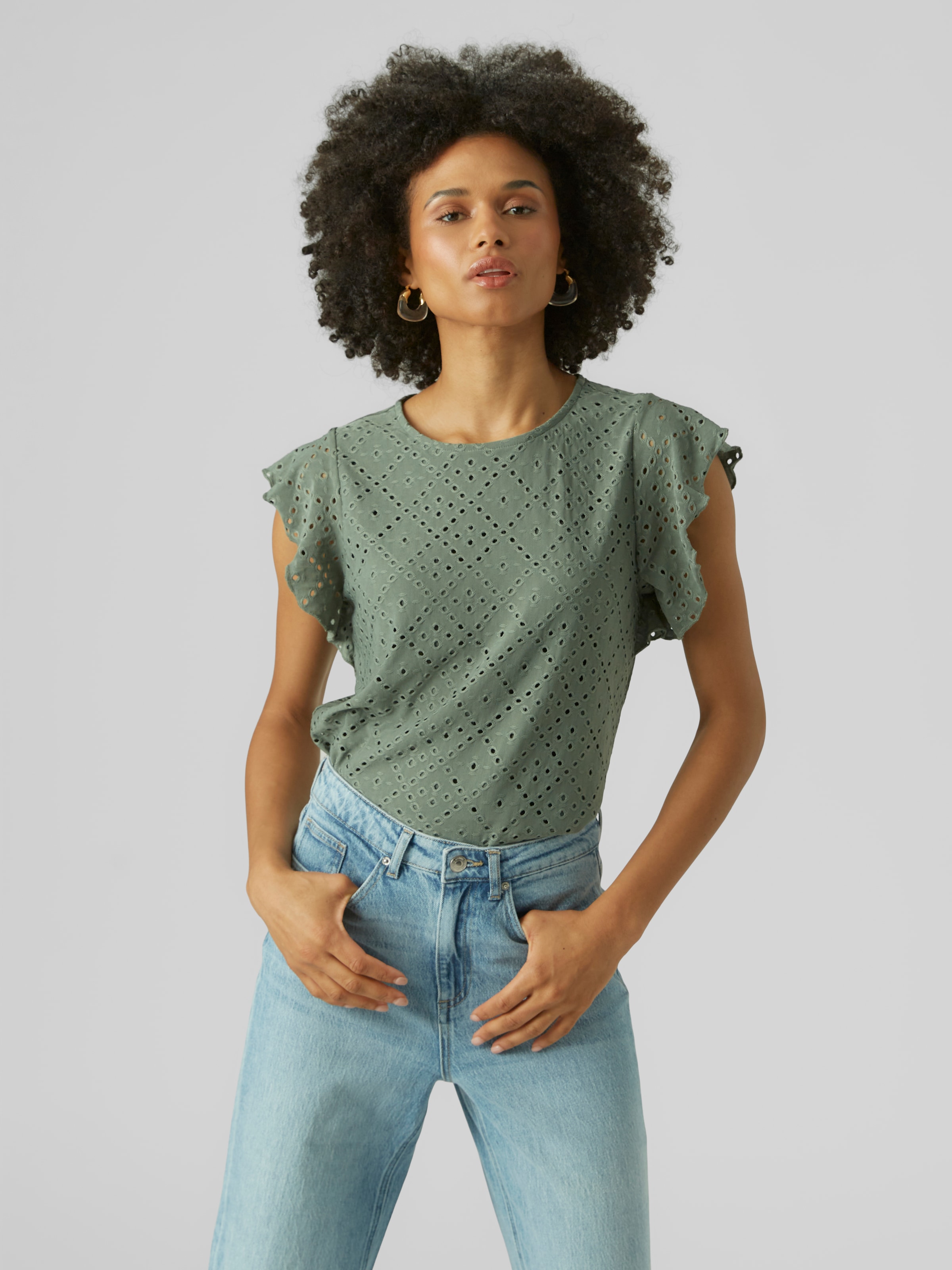 Vero Moda Rundhalsshirt »VMTASSA SL FRILL TOP NOOS« Materialmix, loose fit
