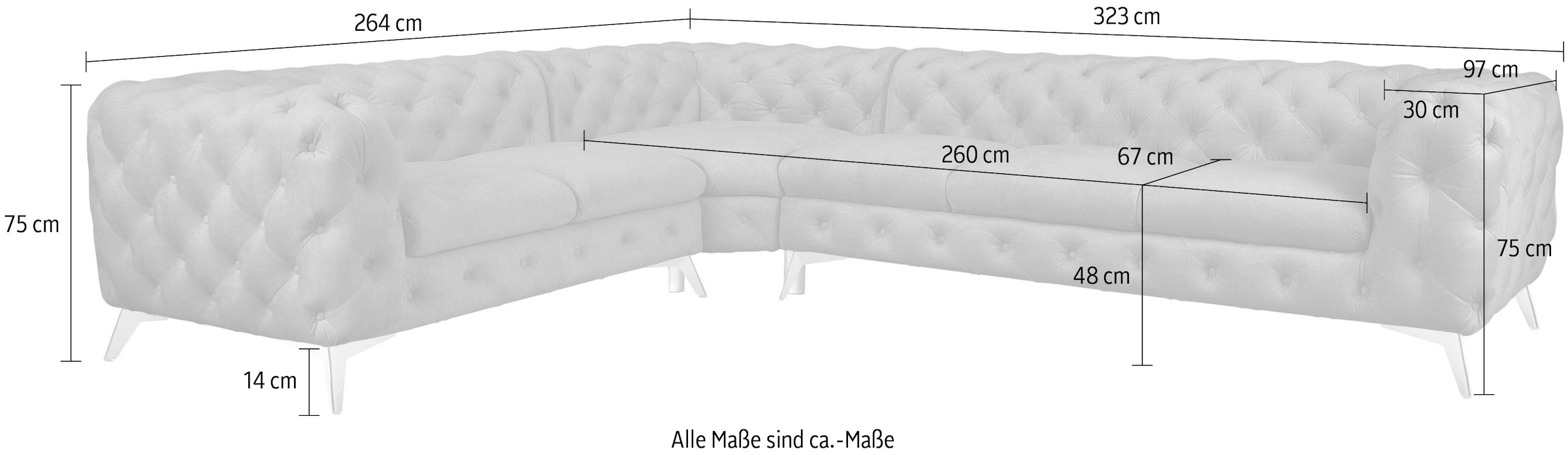 Leonique Chesterfield-Sofa »Ecksofa GLYNIS L-Form mit Wellenunterfederung, Masse B/T/H 323/264/75cm«, aufwändige Knopfheftung, moderne Chesterfield Optik, Fussfarbe wählbar