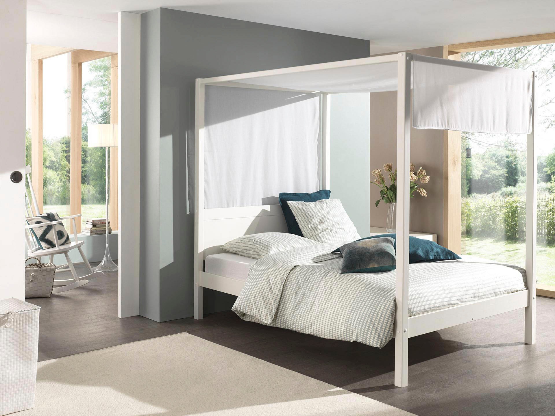 Vipack pino lit a baldaquin avec sommier a lattes 140x200 cm blanc + ciel de lit