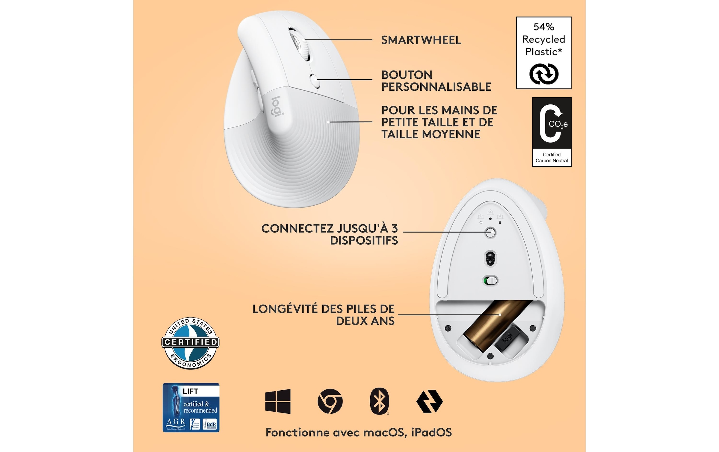 Logitech ergonomische Maus »Maus Lift Off-white«, kabellos