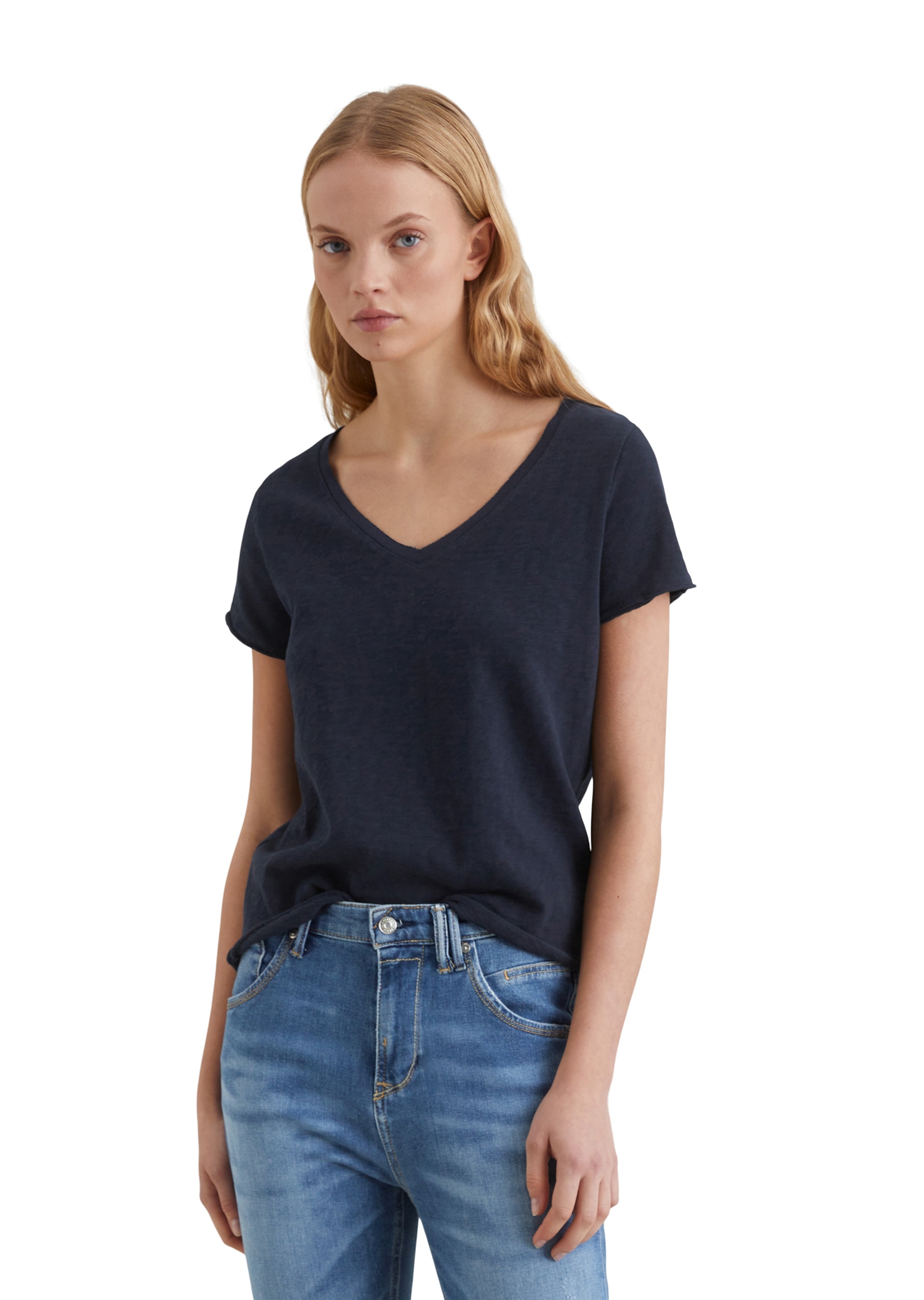 Marc O'Polo DENIM T-Shirt mit abgerundetem V-Neck