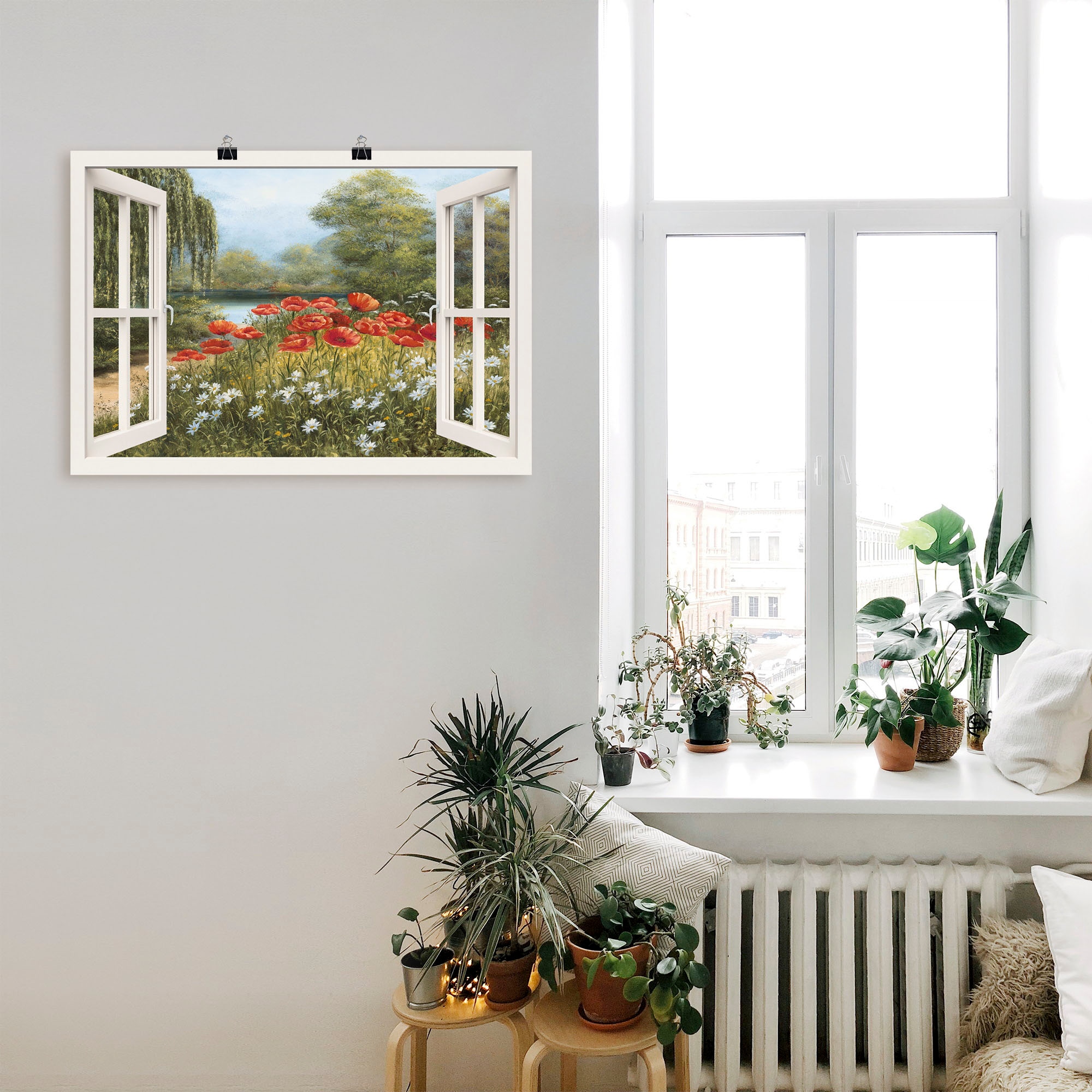 Artland Wandbild »Fensterblick Mohnwiese«, Fensterblick, (1 St.), als Leinwandbild, Poster in verschied. Grössen