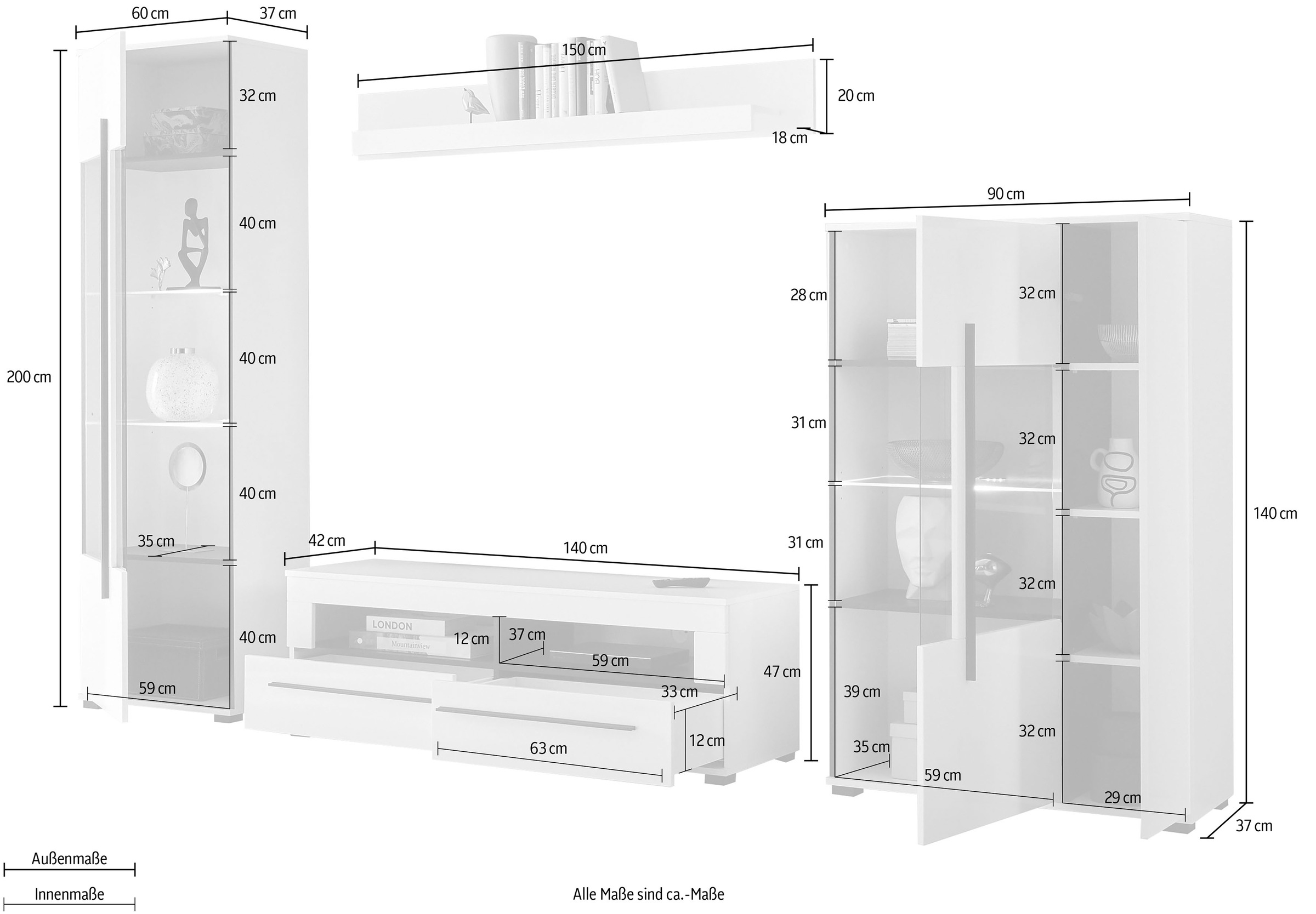 INOSIGN Wohnwand »Cantara, moderne Anbauwand, Wohnzimmer-Set, in Eiche Evoke oder Weiss«, (Set), enthält zwei Vitrinen, ein Lowboard und ein Wandboard