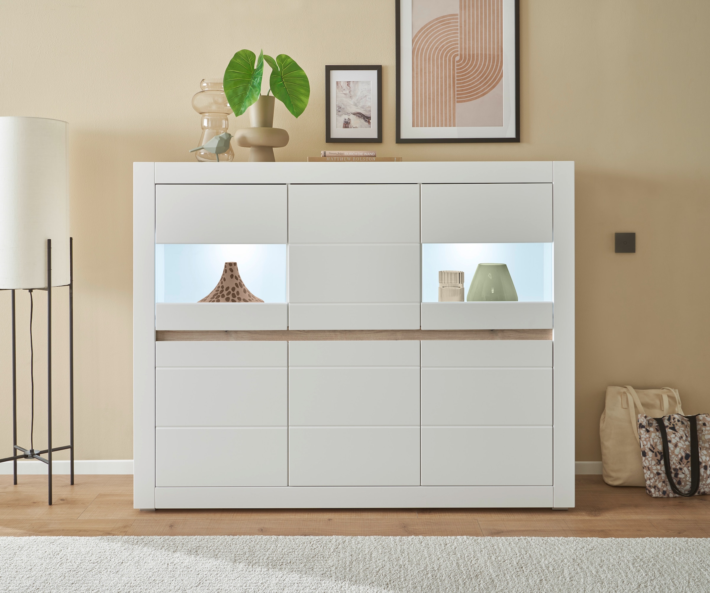 INOSIGN Highboard »Chester, moderne Kommode, Schrank mit Stauraum, Sideboard in Weiss Matt«, (1 St.), austauschbare Blende in Griffleiste, zeitloses Design, 165 cm breit