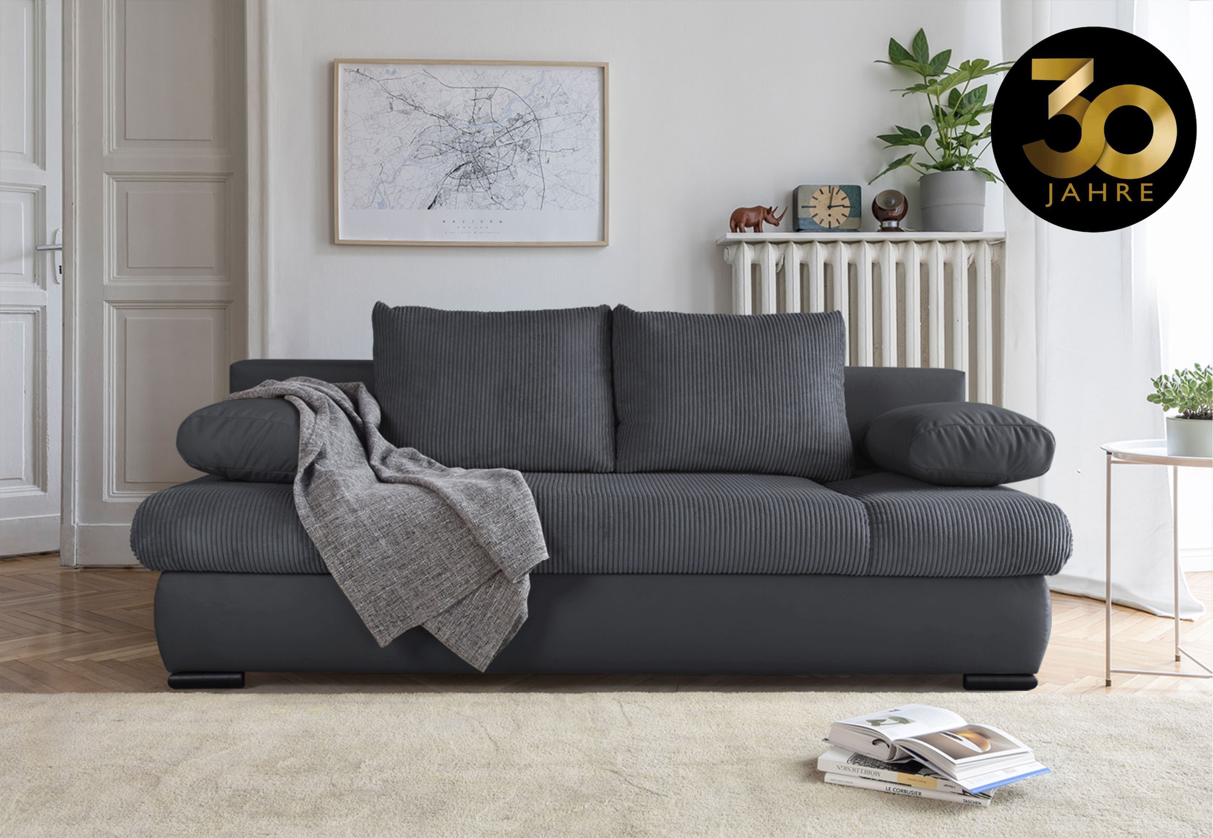 COLLECTION AB Schlafsofa »Chicago mit Bettfunktion, Schlafcouch«, inklusive Bettkasten, Cord-Samt Bezug, anthrazit