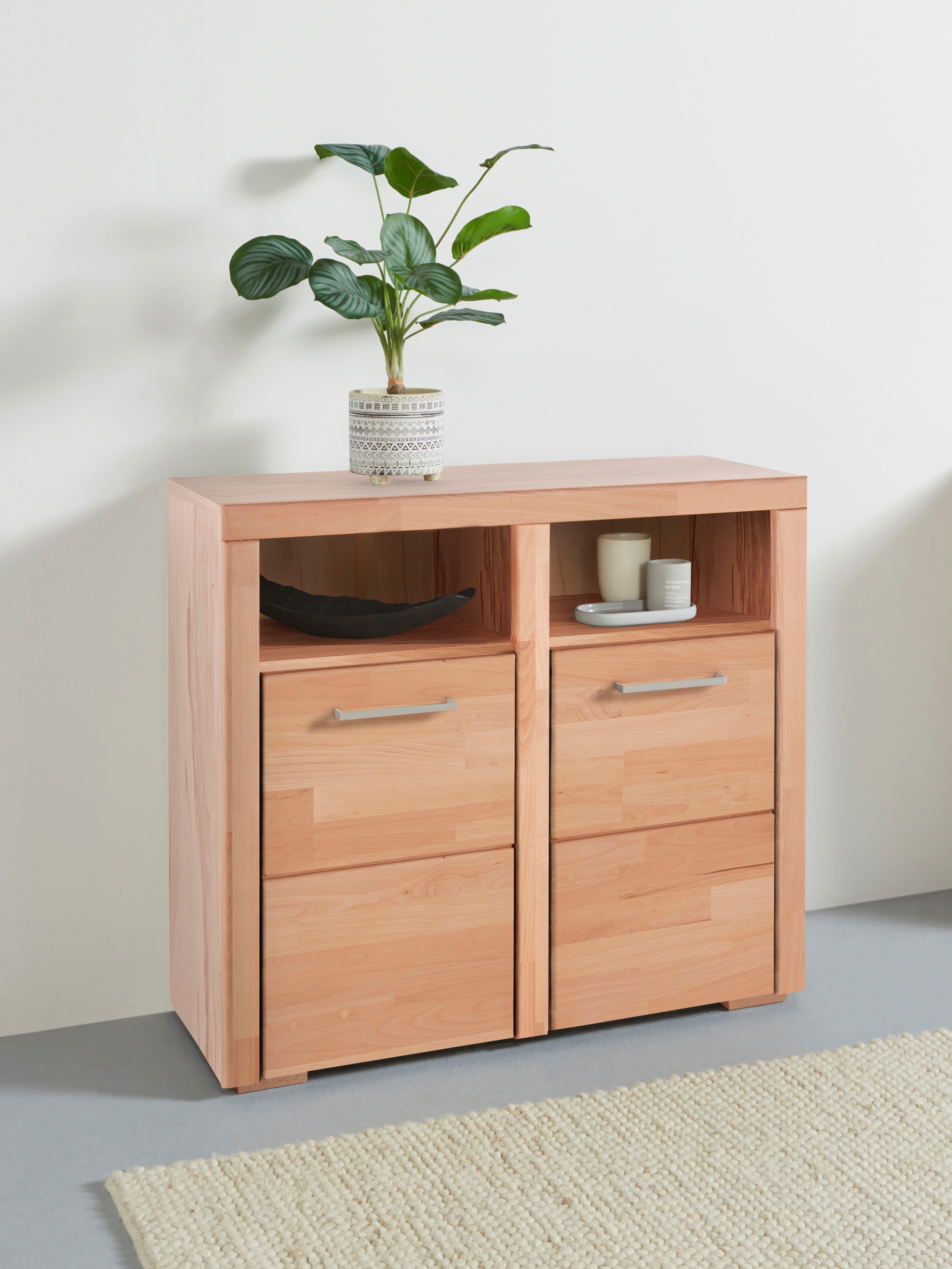 OTTO home Kommode "Falco,89cm breit,35 cm tief, Fronten Massivholz" Kernbuche massiv, Holzwerkstoff, Metall Griffe,6Fächer