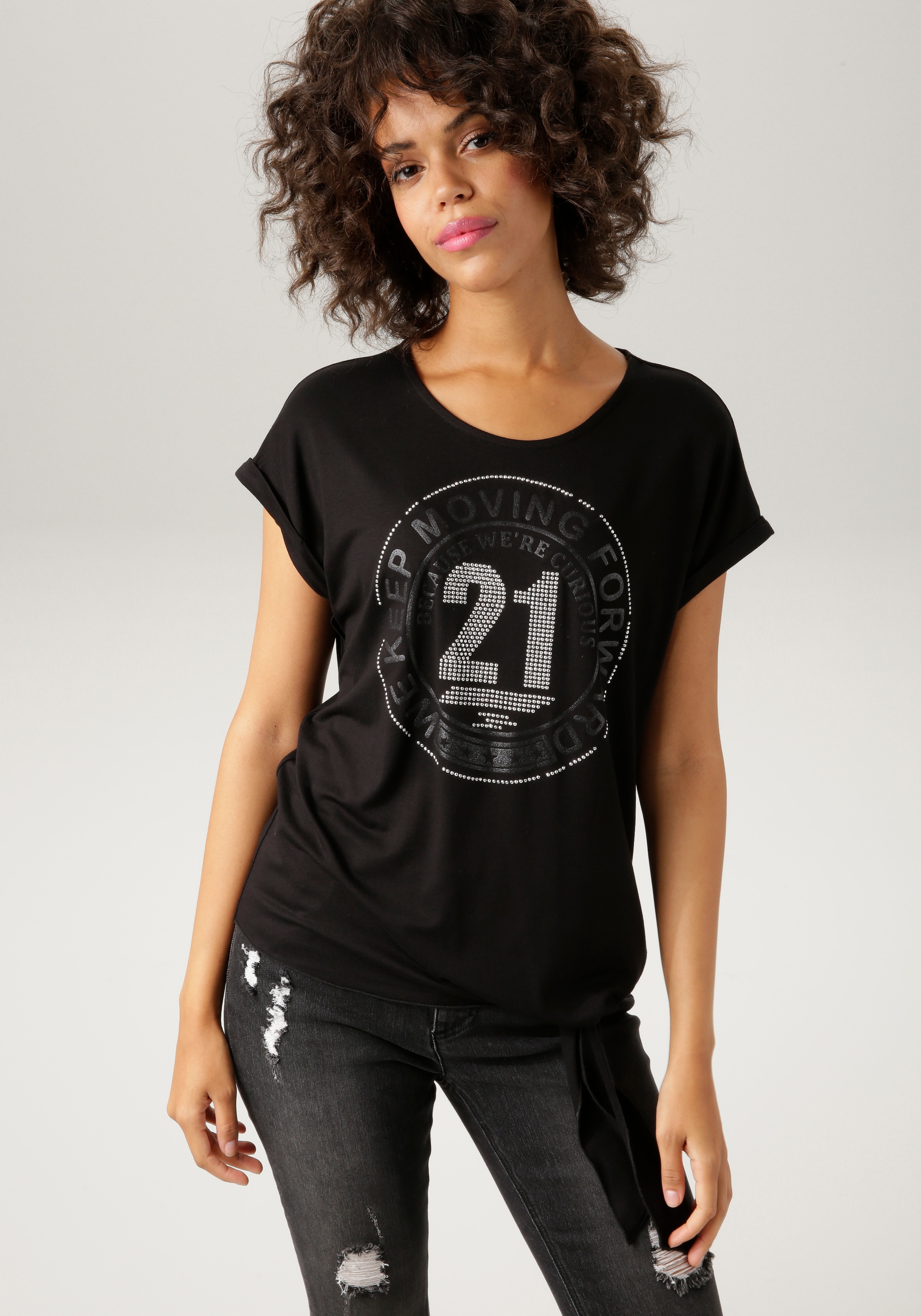 Aniston CASUAL T-Shirt, Frontdruck online bestellen und | mit silberfarbenen Jelmoli-Versand Glitzersteinchen