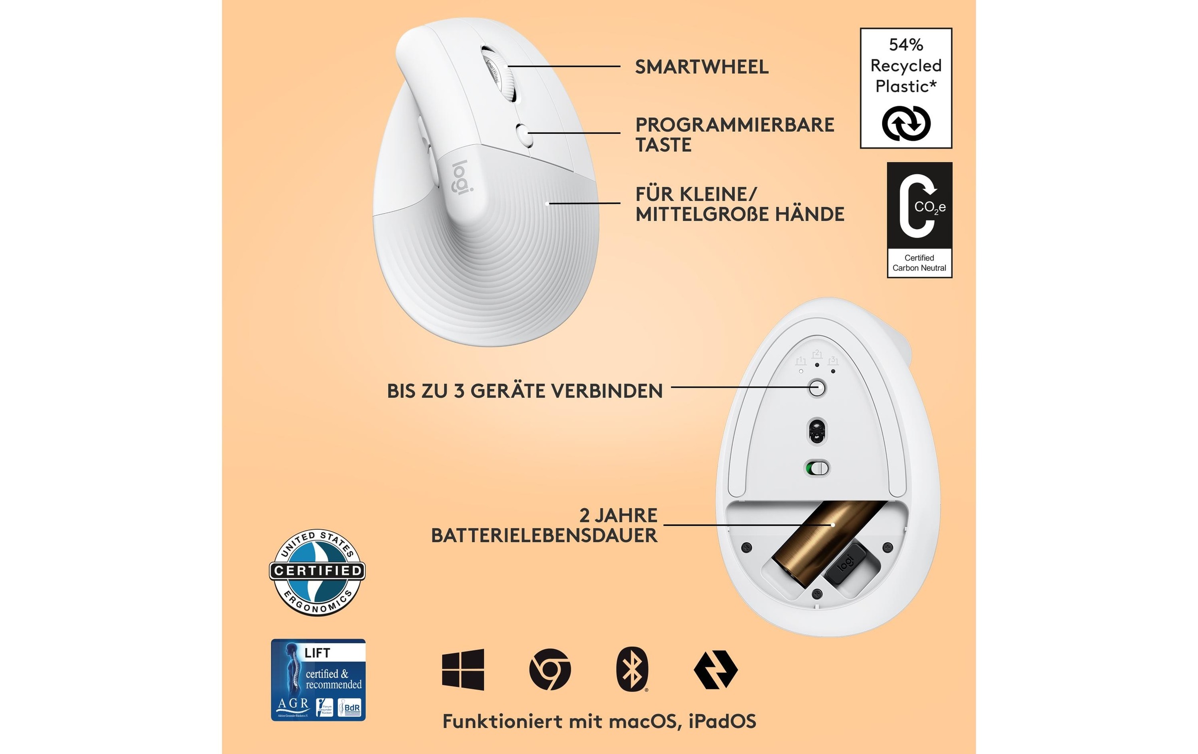 Logitech ergonomische Maus »Maus Lift Off-white«, kabellos