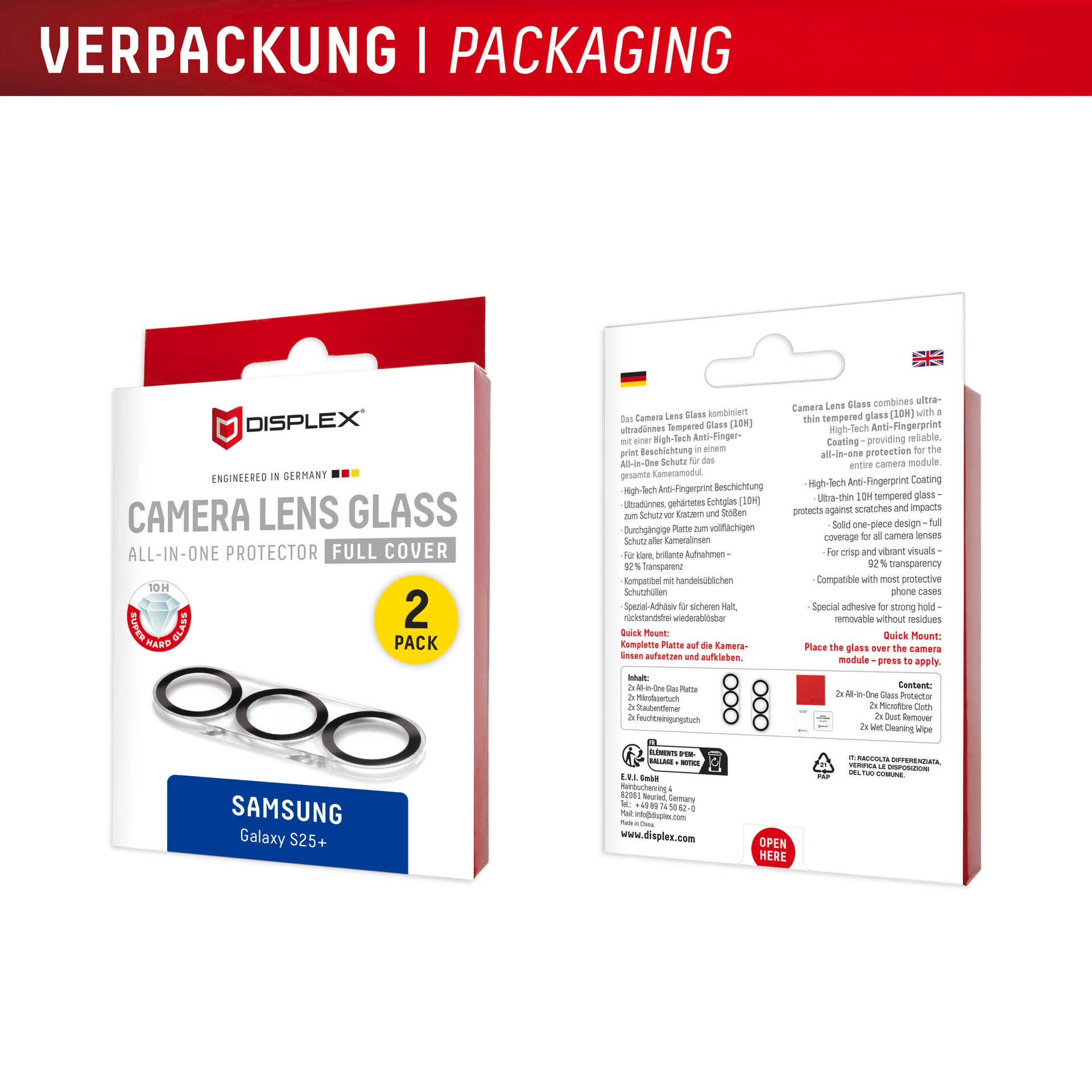 Displex Kameraschutzglas »Camera Lens Glass All-In-One Protector Full Cover«, für Samsung Galaxy S25+, (Packung, 2x All-In-One Glas), Objektivschutz, Kameraschutz, kratz- & stossfest