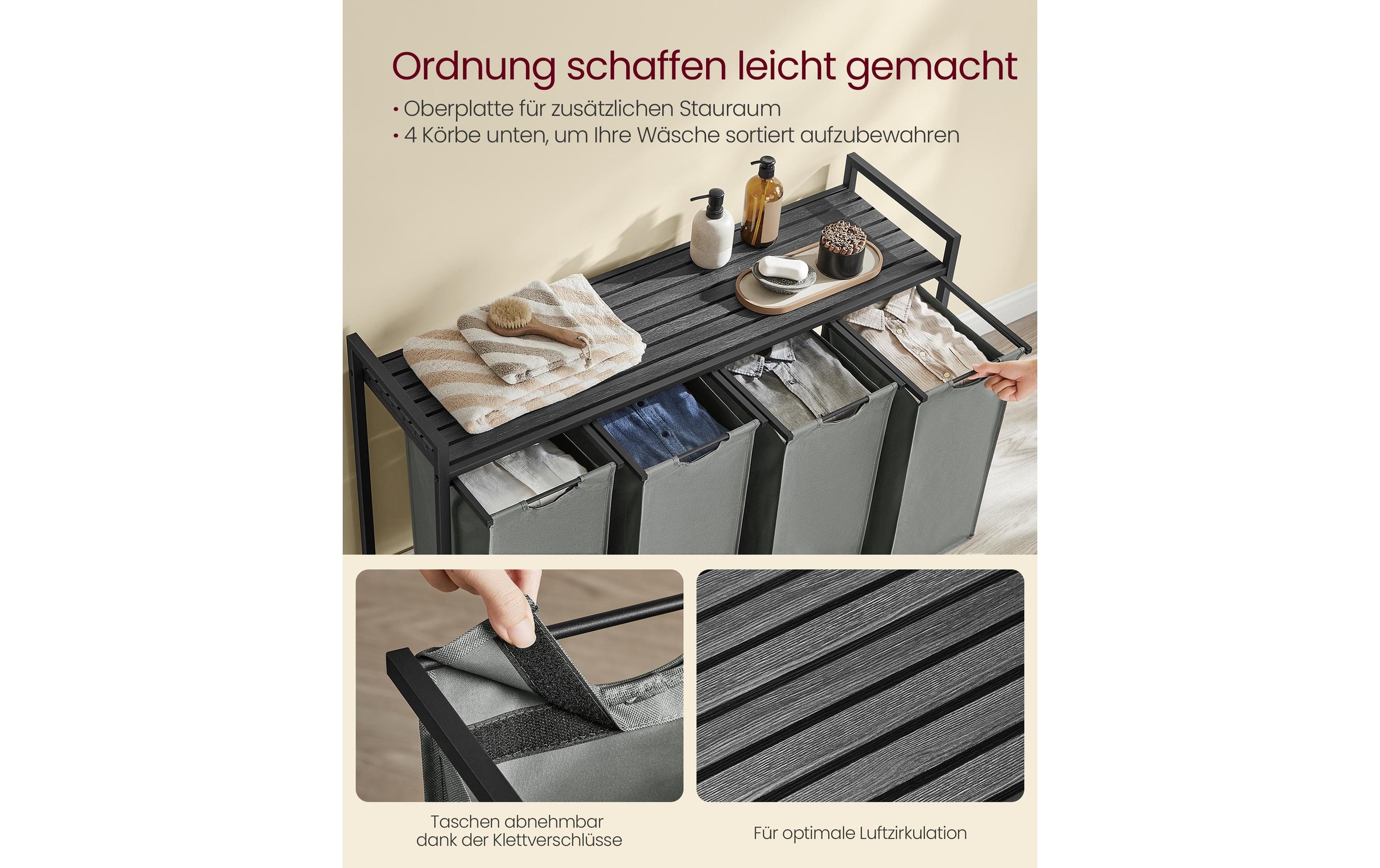 VASAGLE Wäschekorb »4 x 40 l, Grau/Schwarz«