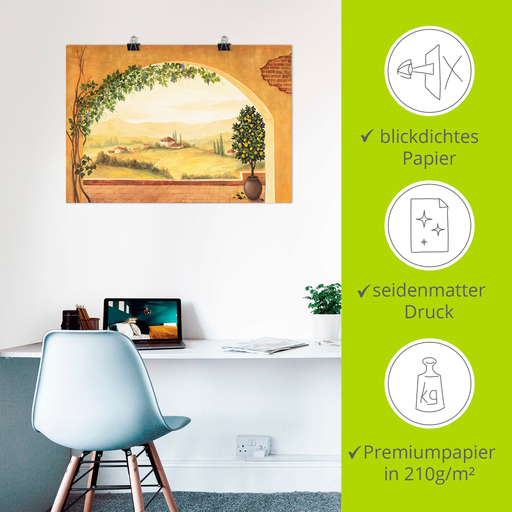 Artland Wandbild »Weinranken vor der Toskanalandschaft«, Fensterblick, (1 St.), als Leinwandbild, Poster in verschied. Grössen