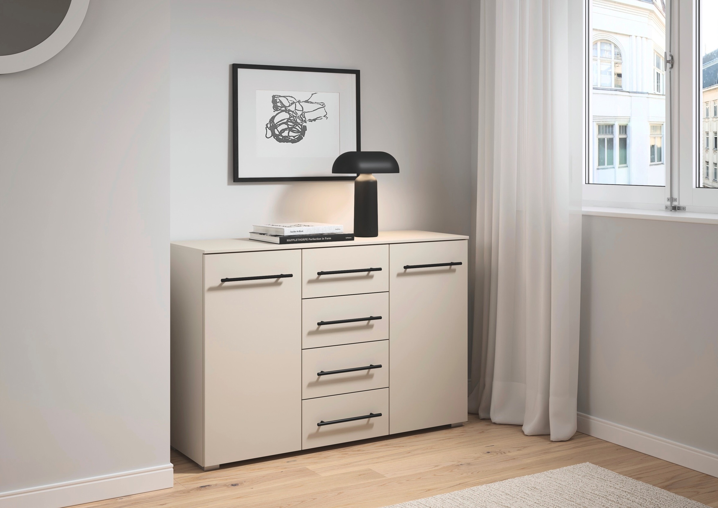 OTTO home Kombikommode "Sideboard Türkommode Schubladenkommode Kommode RONDO" Breite 120 / Höhe 81 cm, 4 Einlegeböden, mit 4 geräumigen Schubladen Metallgriff in Schwarz MADE IN GERMANY