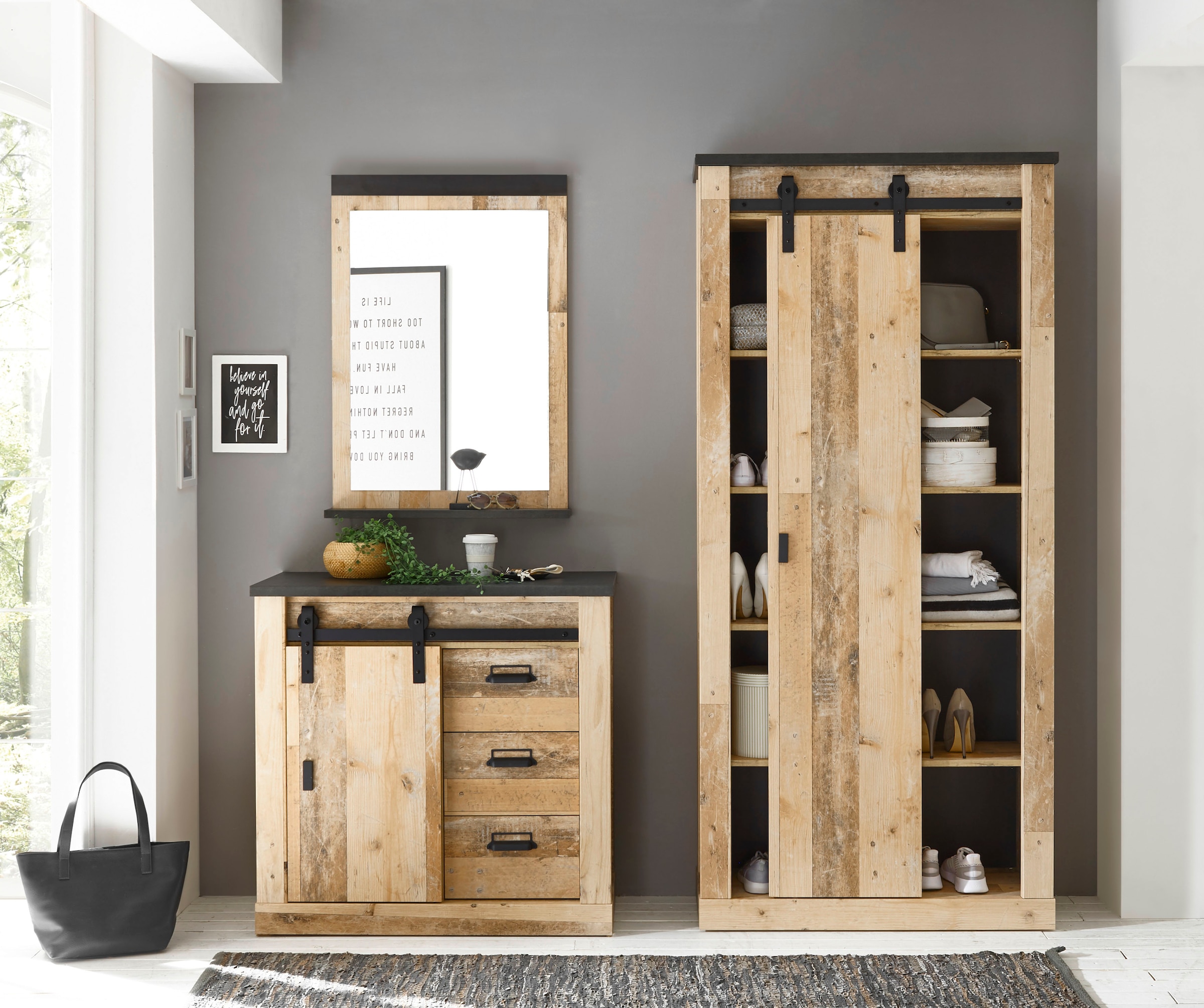 Home affaire Garderoben-Set »SHERWOOD«, (3 St.), mit Scheunentorbeschlag, Apothekergriffe aus Metall