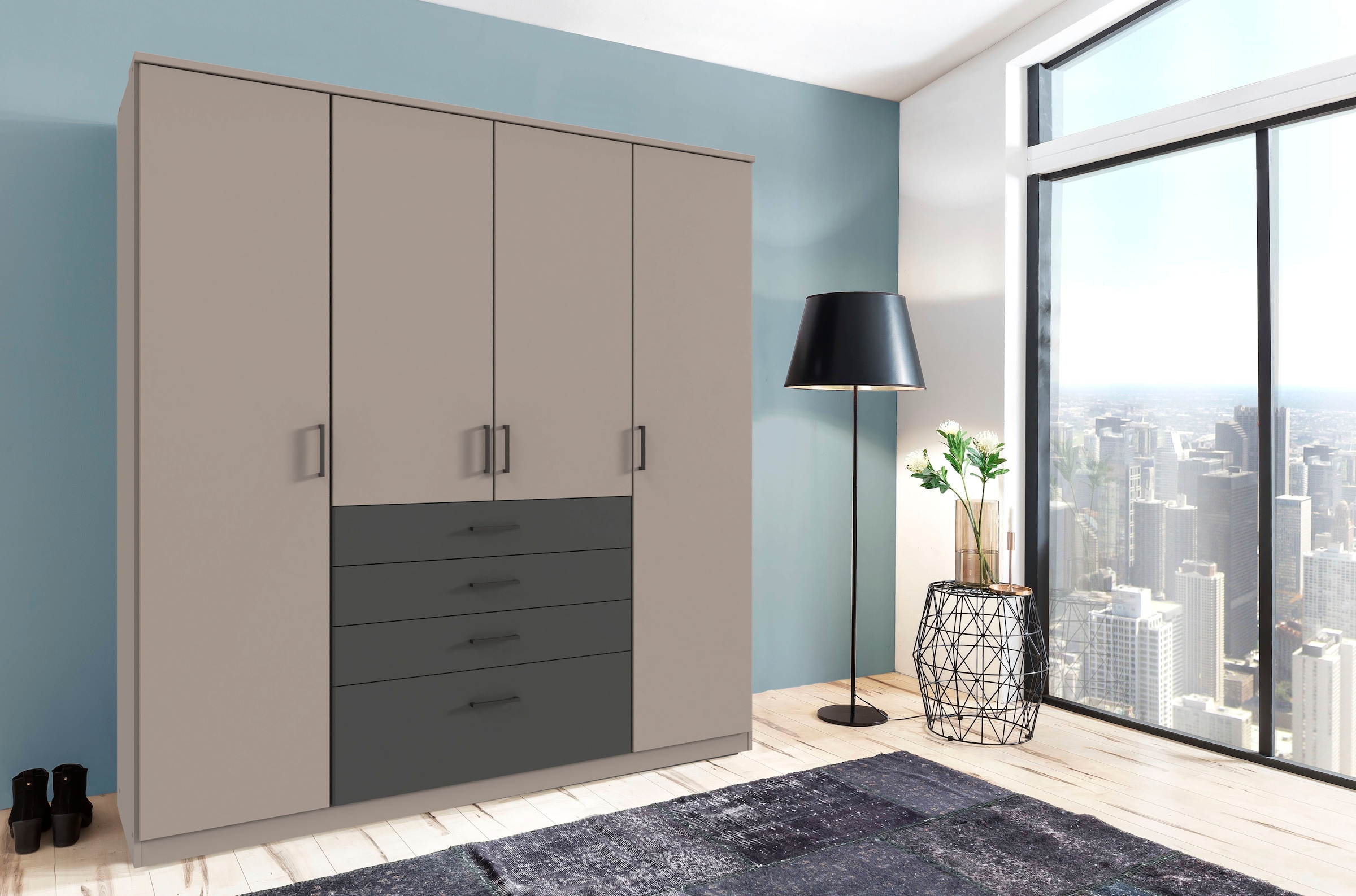 Wimex Kleiderschrank »Cottbus, in weiss oder grau modern kombiniert mit graphitfb.Schubladen«, (in 3 Grössen, schwarze Griffe, Made in Germany), mit 4 Schubladen, wahlweise mit oder ohne Spiegel