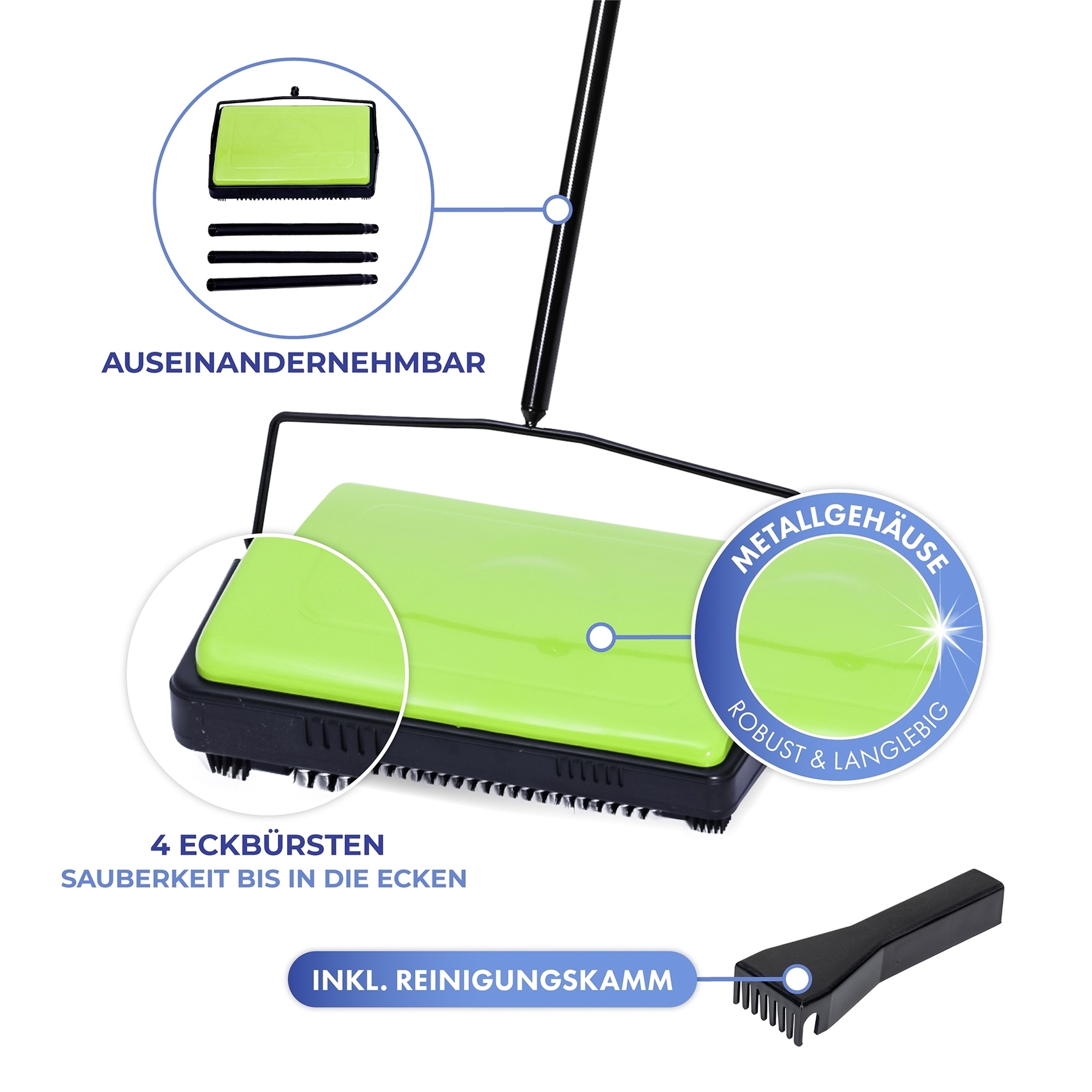 Maximex Teppichkehrer, aus Metall-Polypropylen, platzsparend durch Klappfunktion, stromlos und kabellos
