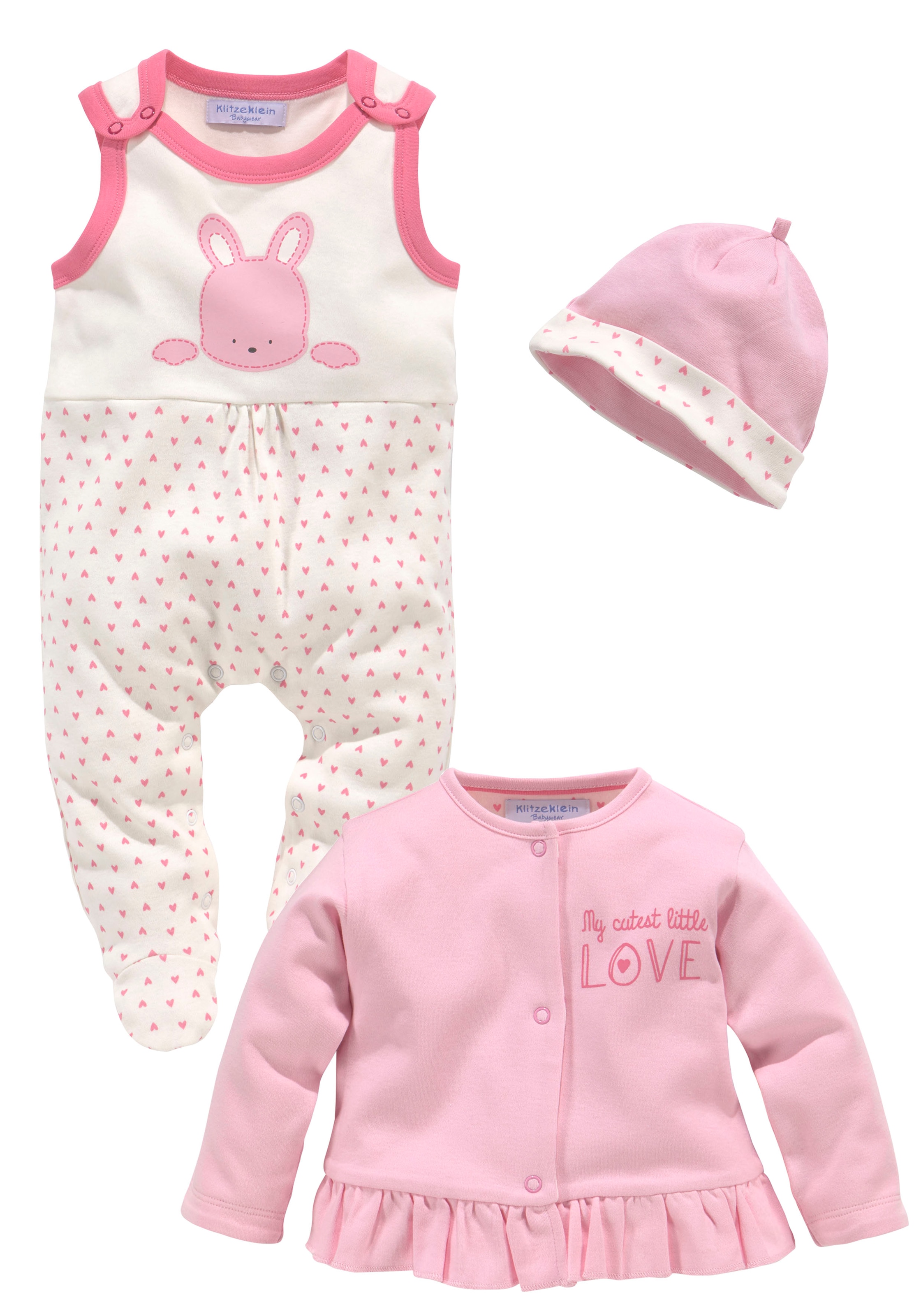 Klitzeklein Strampler, Jäckchen & Mütze »3tlg Baby-Set, für kleine Mädchen«, aus Bio-Baumwolle