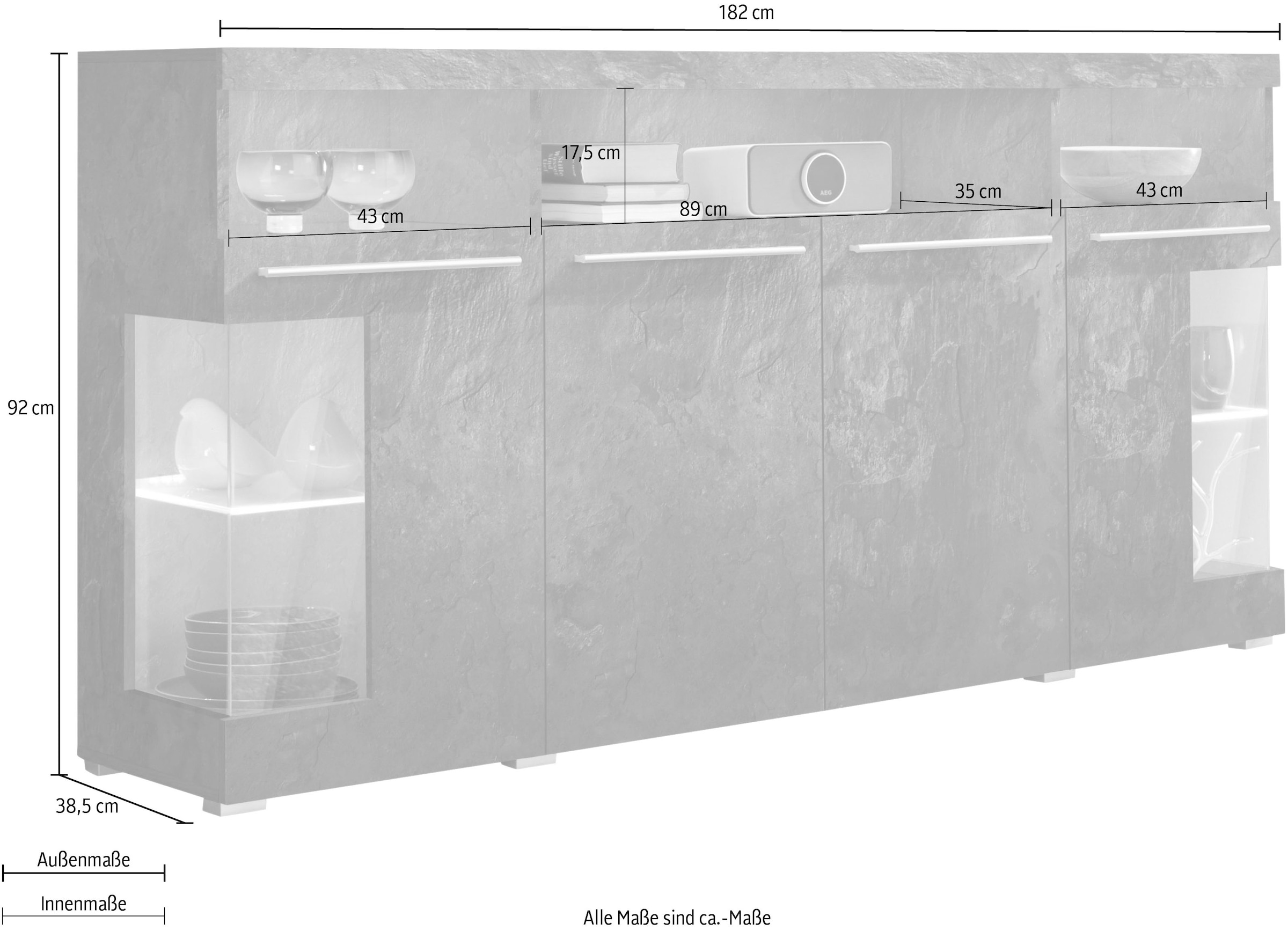 INOSIGN Sideboard »India,Breite 182cm, stilvolle Kommode mit Glastüren«, Kombikommode viel Stauraum, Einlegeböden verstellbar,ohne Beleuchtung