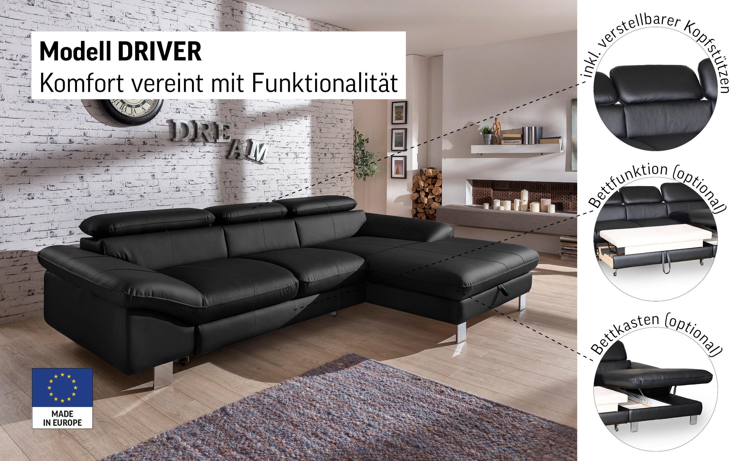 COTTA Ecksofa "Driver L-Form, B:268 cm, moderne Couch mit Wellenunterfederung" Kopfteilverstellung, optional Schlaffunktion & Bettkasten
