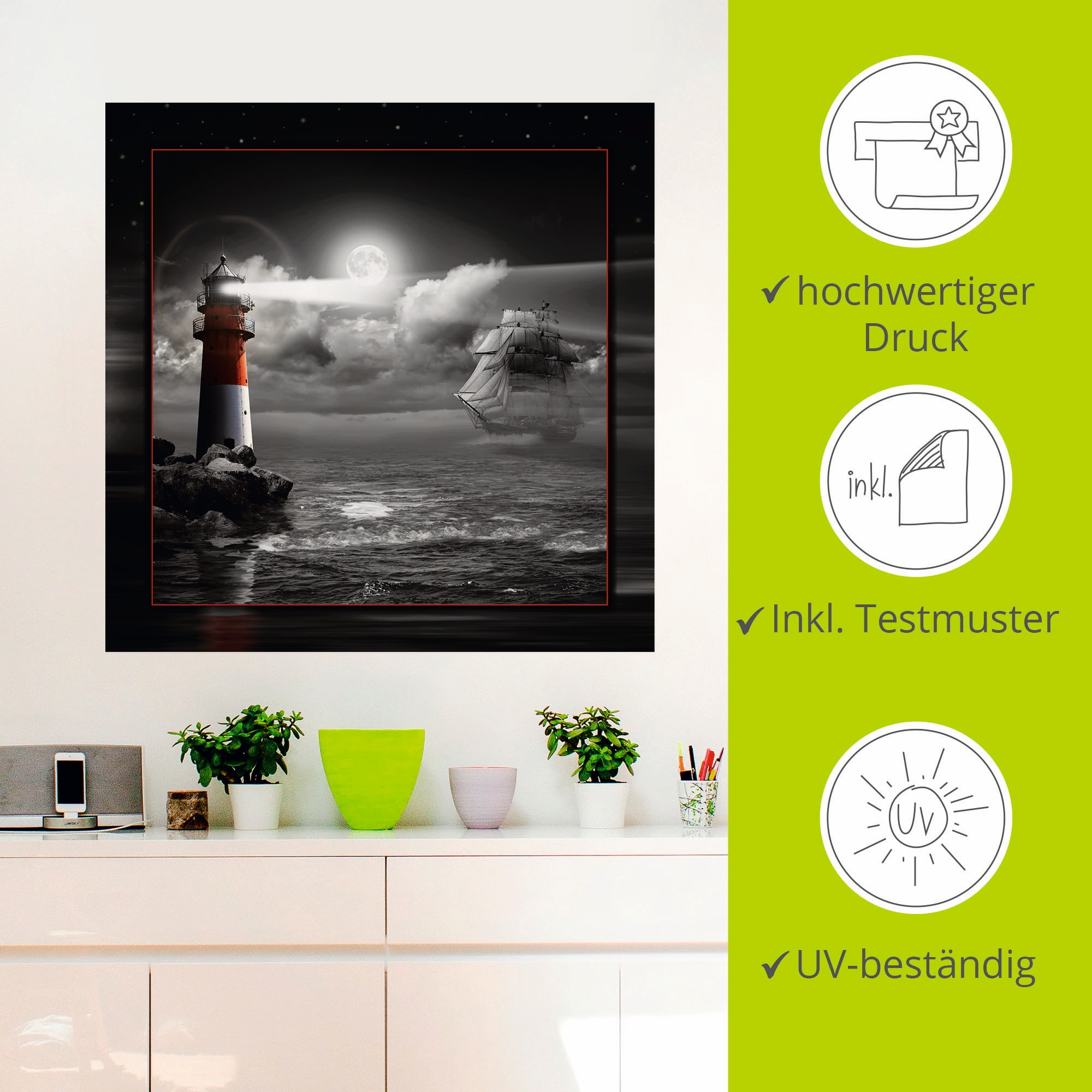 Artland Wandbild »Leuchtturm und Segelschiff im Mondschein«, Küste, (1 St.), als Leinwandbild, Poster, Wandaufkleber in verschied. Grössen