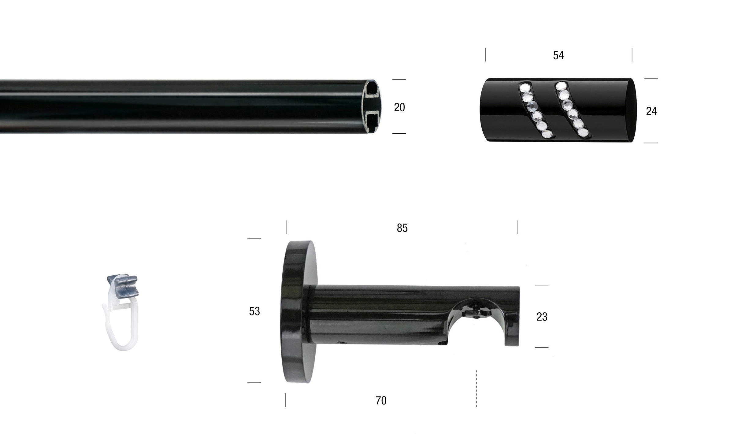 GARESA Gardinenstange »BLACK«, 1 läufig-läufig, Wunschmasslänge, Vorhanggarnitur, Innenlauf, verlängerbar, Endknopf mit Glitzersteinen