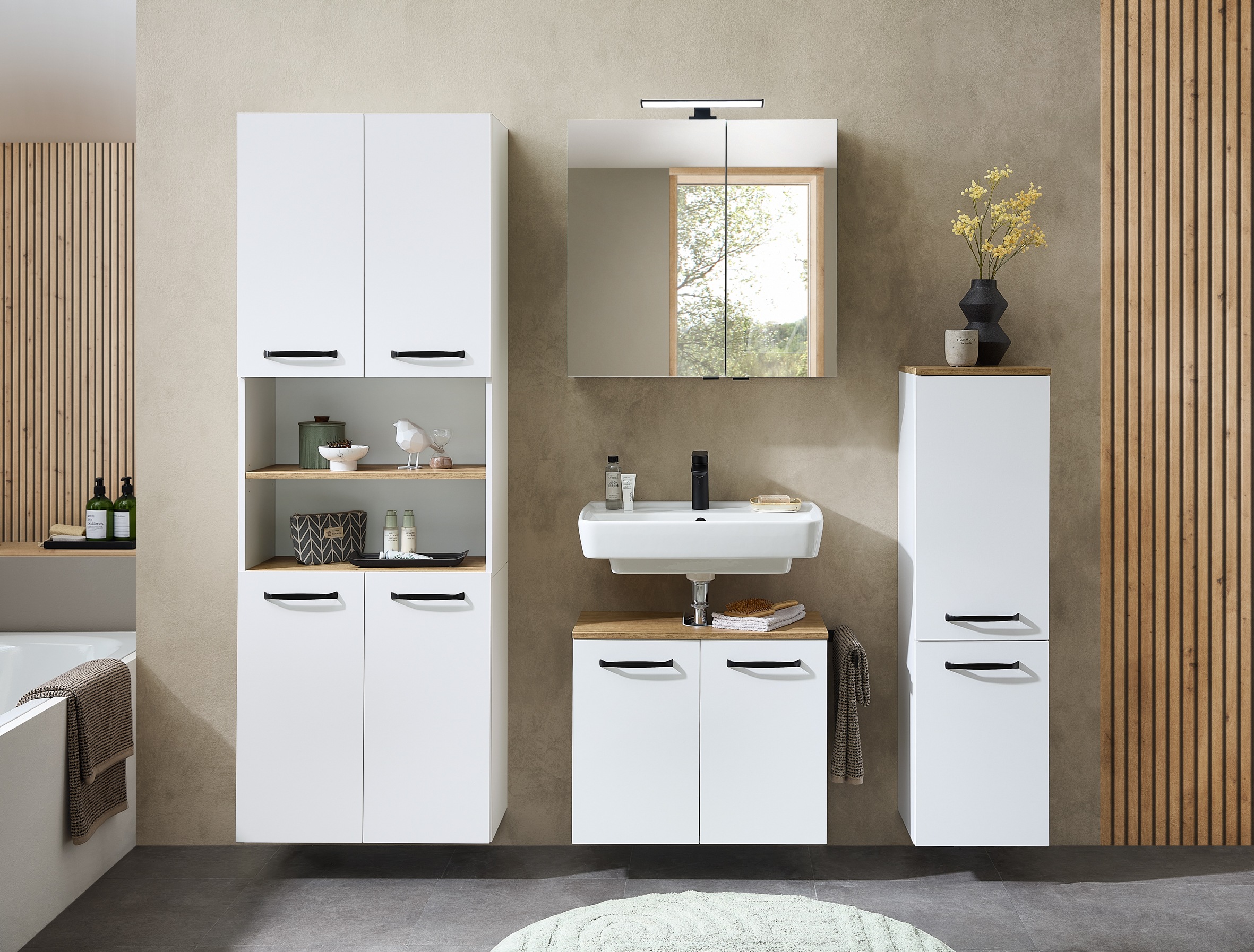 Saphir Waschbeckenunterschrank "Quickset 500, 2 Türen, Siphonausschnitt" Waschbeckenschrank inkl. Türdämpfer, Griffe in Schwarz