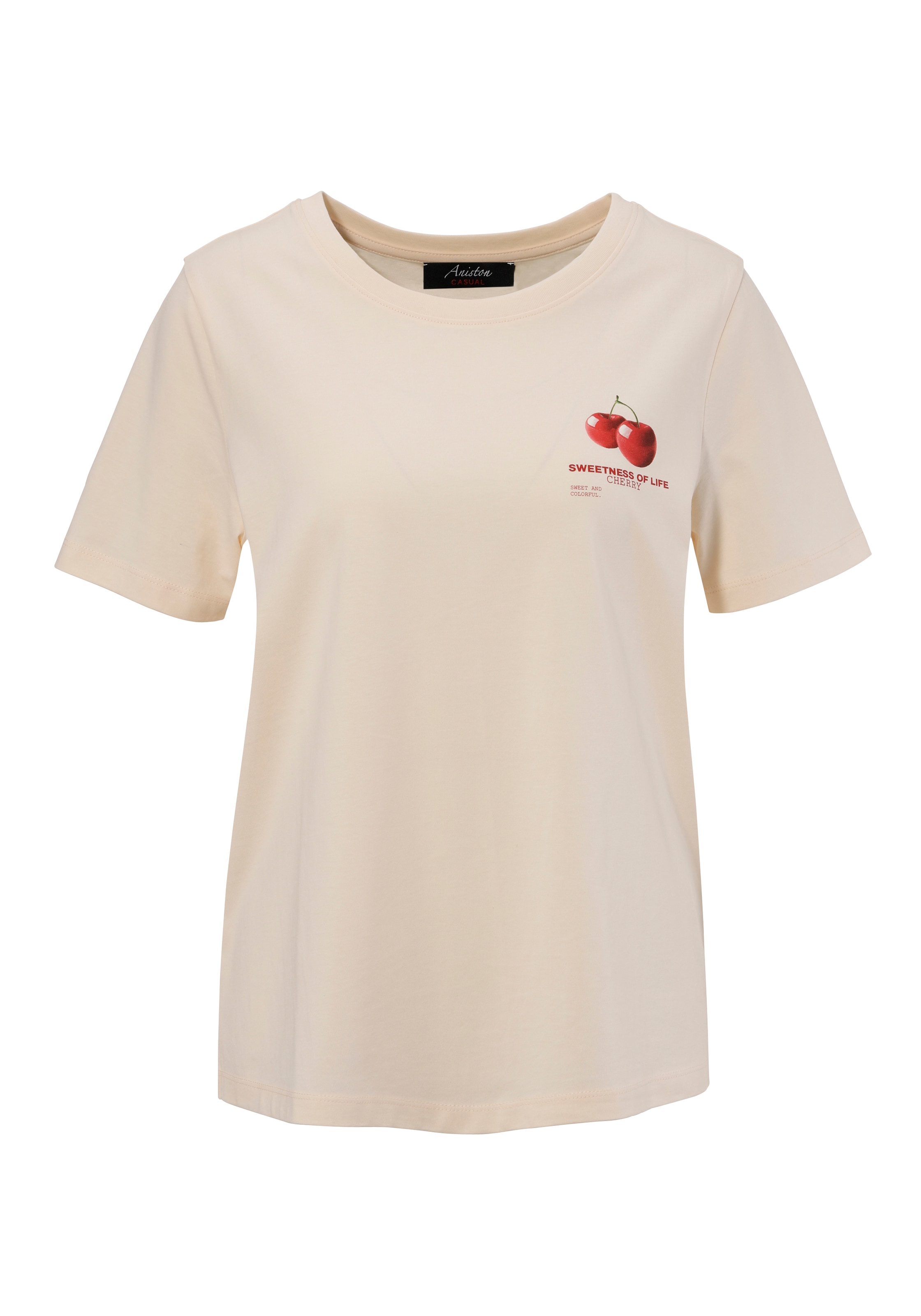 Aniston CASUAL T-Shirt, im Rücken mit Kirschen und Schriftzügen bedruckt