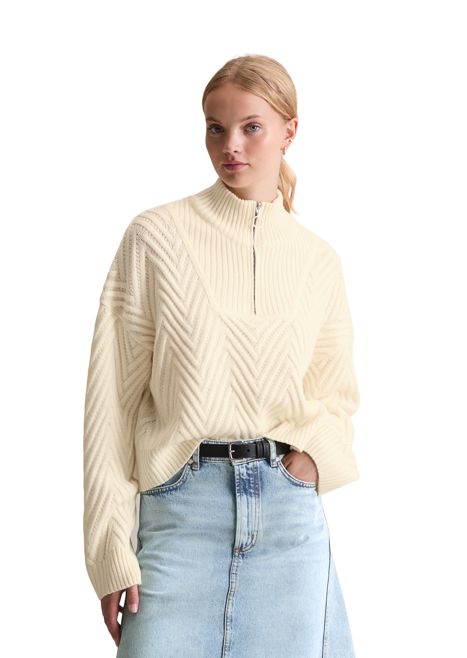 Marc O'Polo DENIM Troyer relaxed fit aus weichem Schurwolle-Mix, 3D-Zickzack-Design