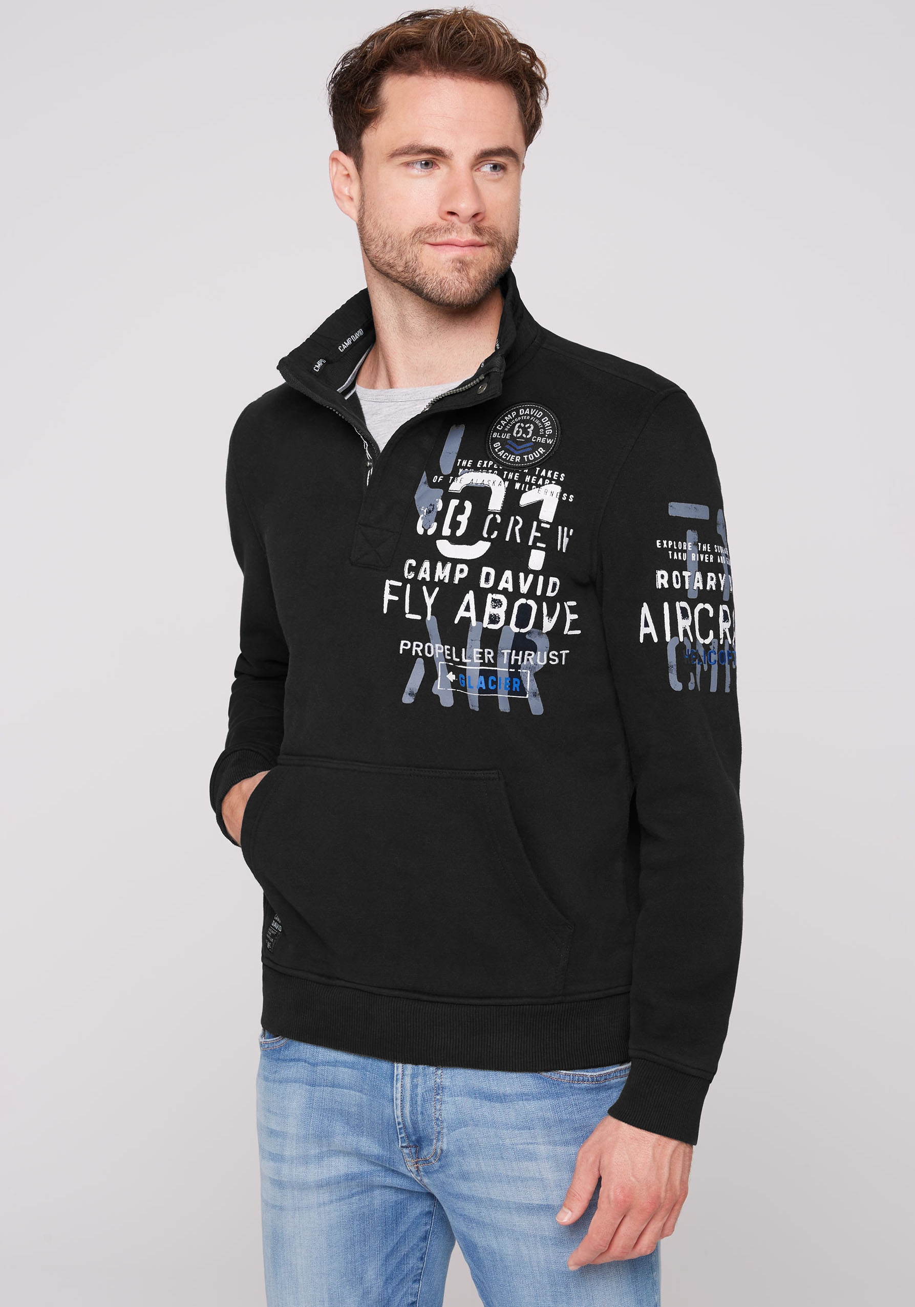 Sweatshirt, Troyer mit Känguru-Tasche und Prints